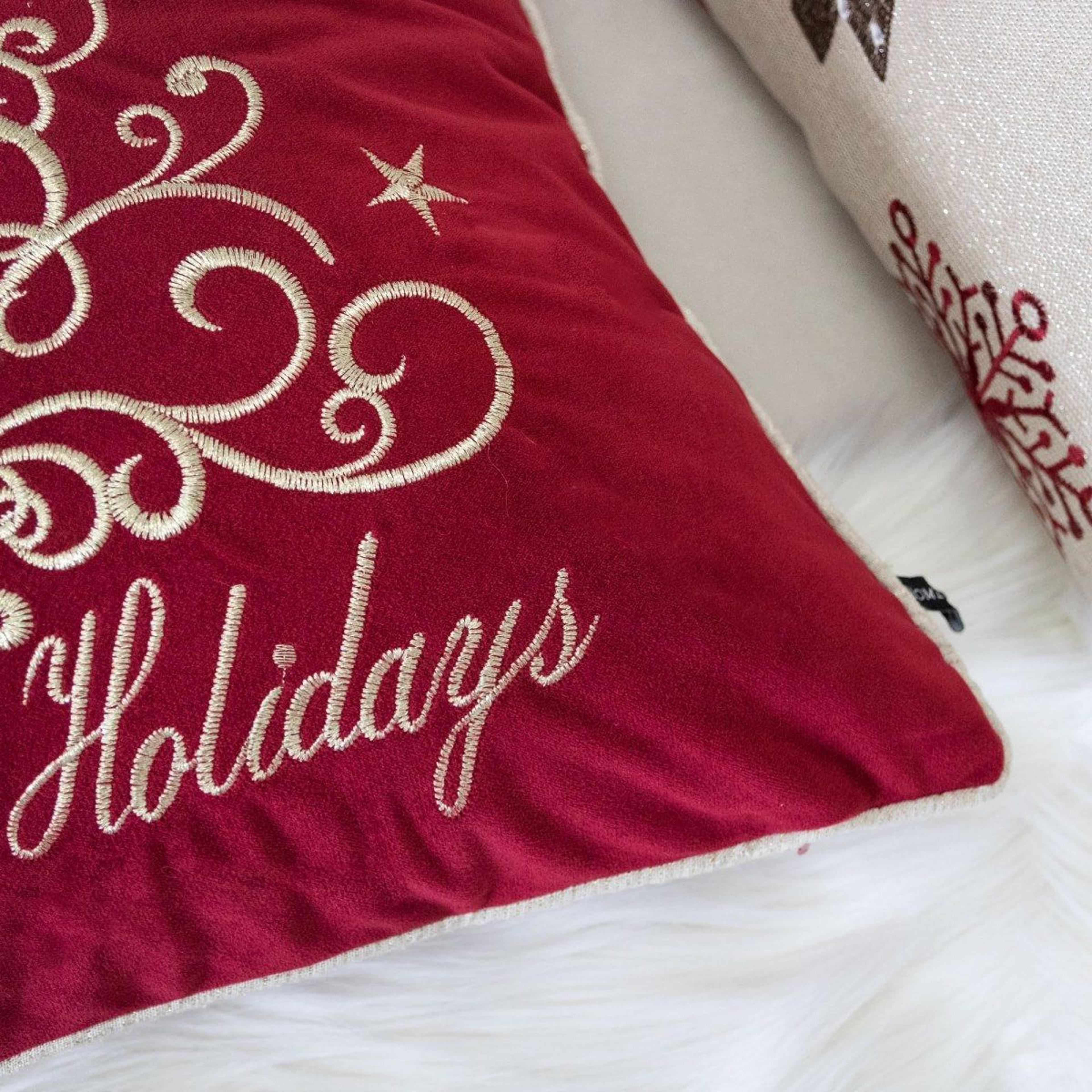 Happy Holidays Embroidered Red Velvet Christmas Throw Pillow With Gold Detailing 3