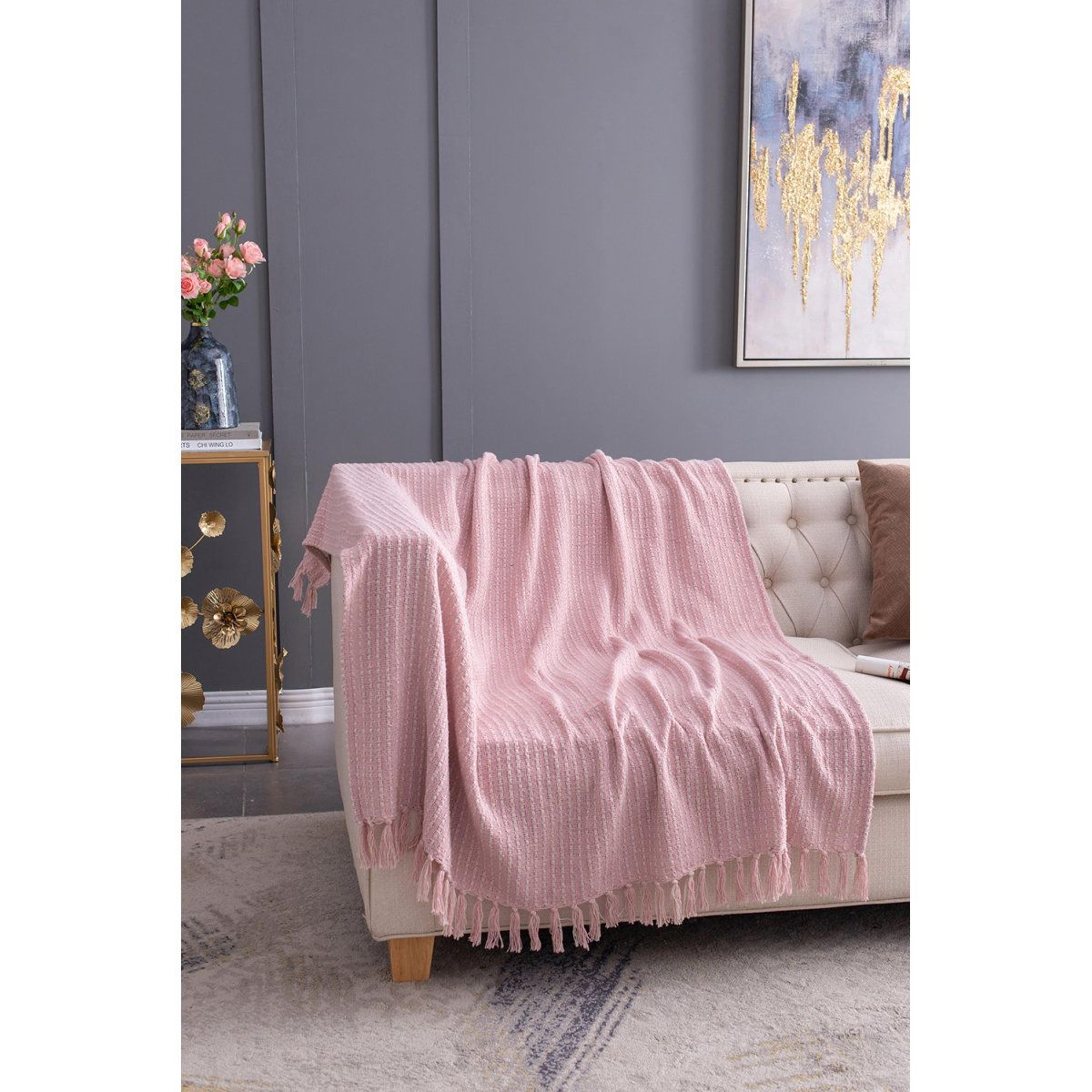 Decorative Pink Cotton Throw Blanket With Tassels 50 X 60 Inches Set Of 2 1