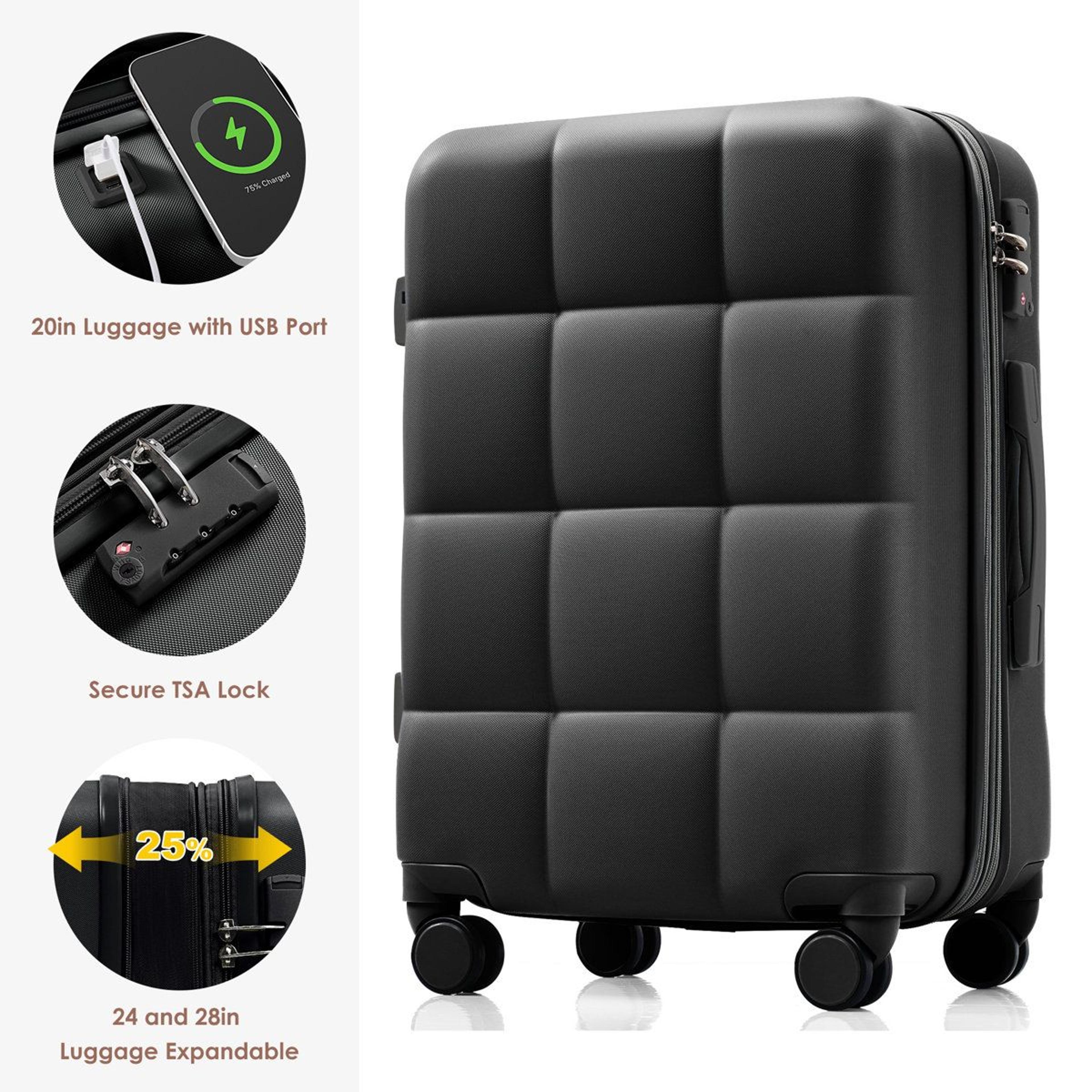 4Piece Hardshell Luggage Set With USB Port And Spinner Wheels  Black And Brown 2