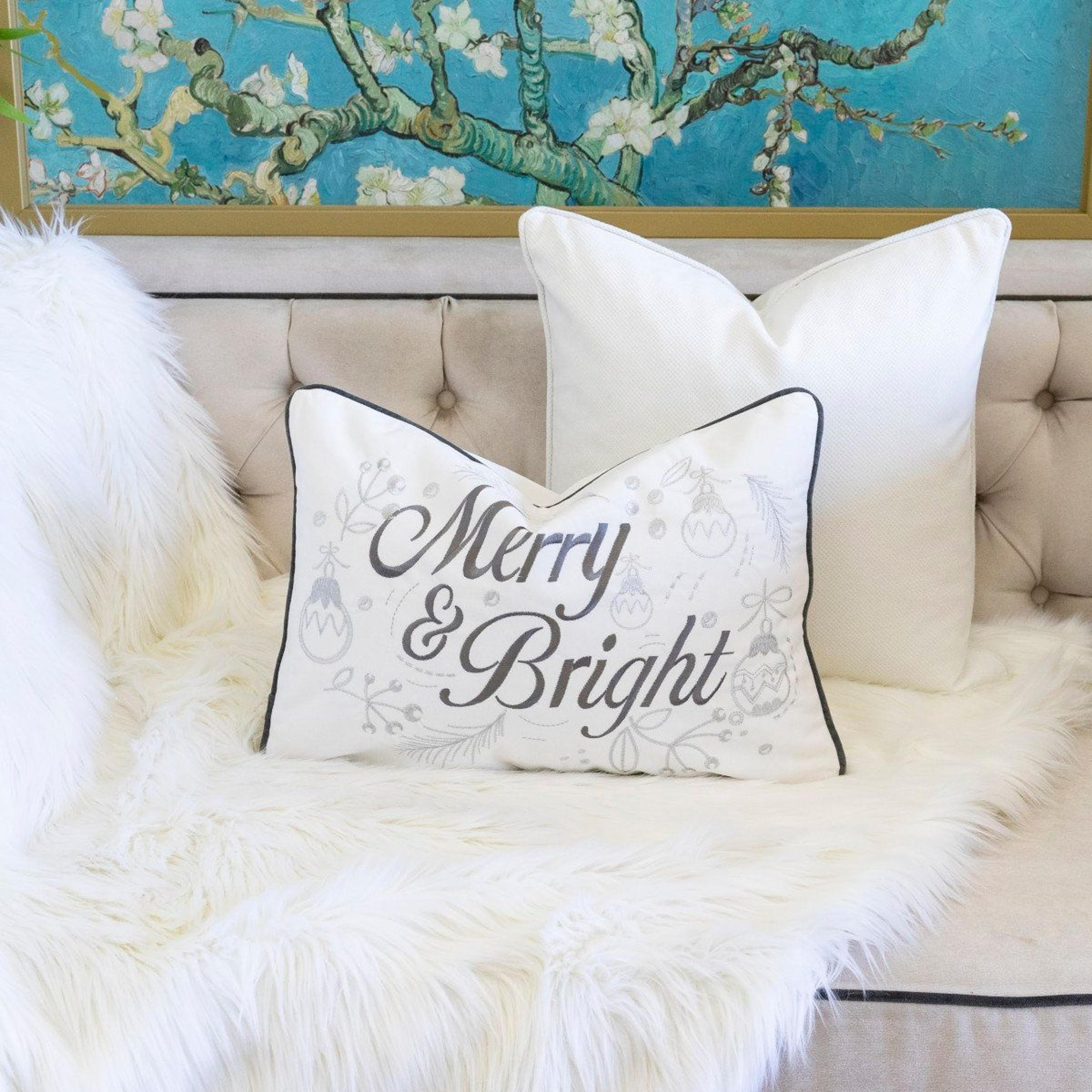 Merry  Bright Christmas Lumbar Throw Pillow  White And Silver 14 X 20 Inch 5