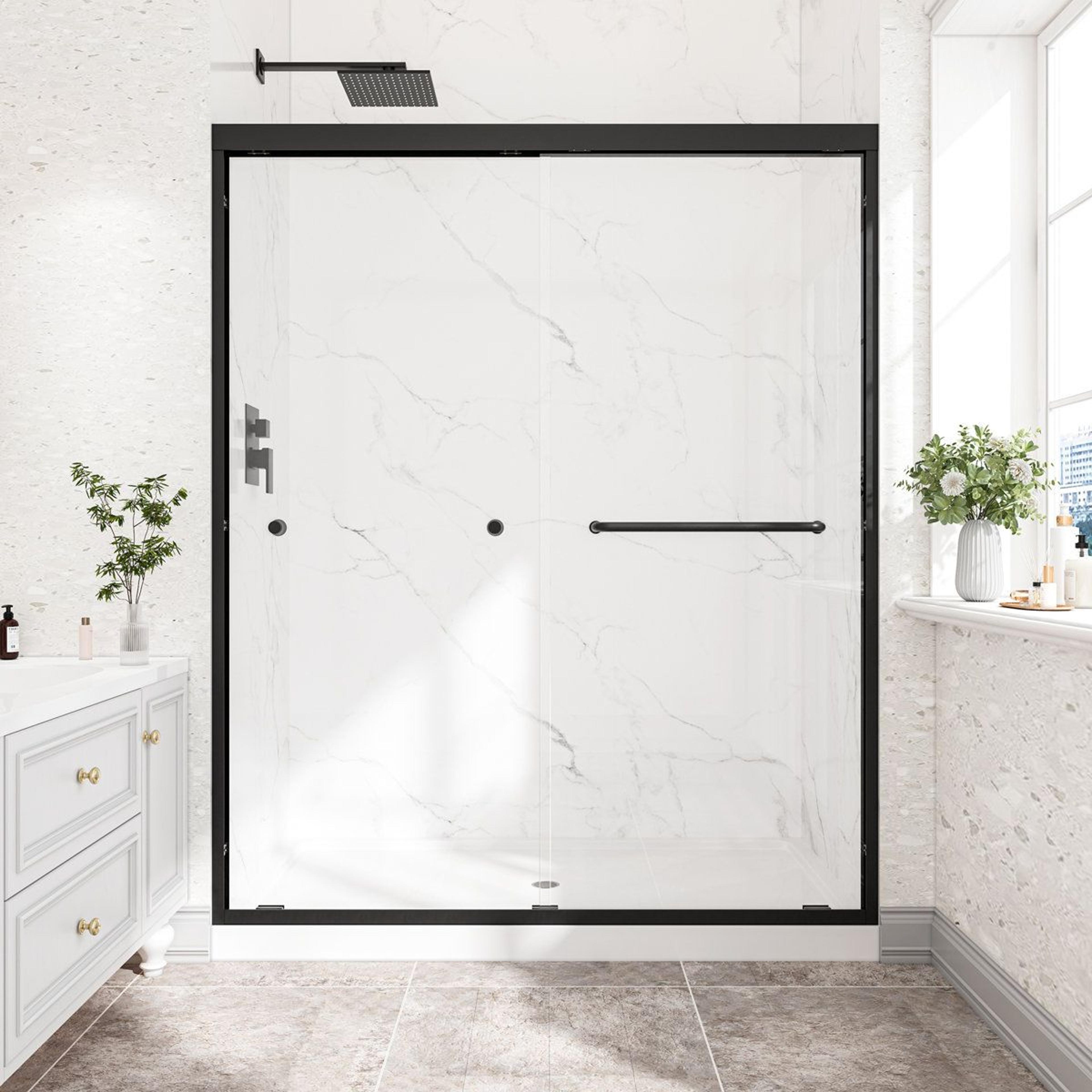 double bypass sliding shower door 55–60 inch width with matte black frame and tempered glass