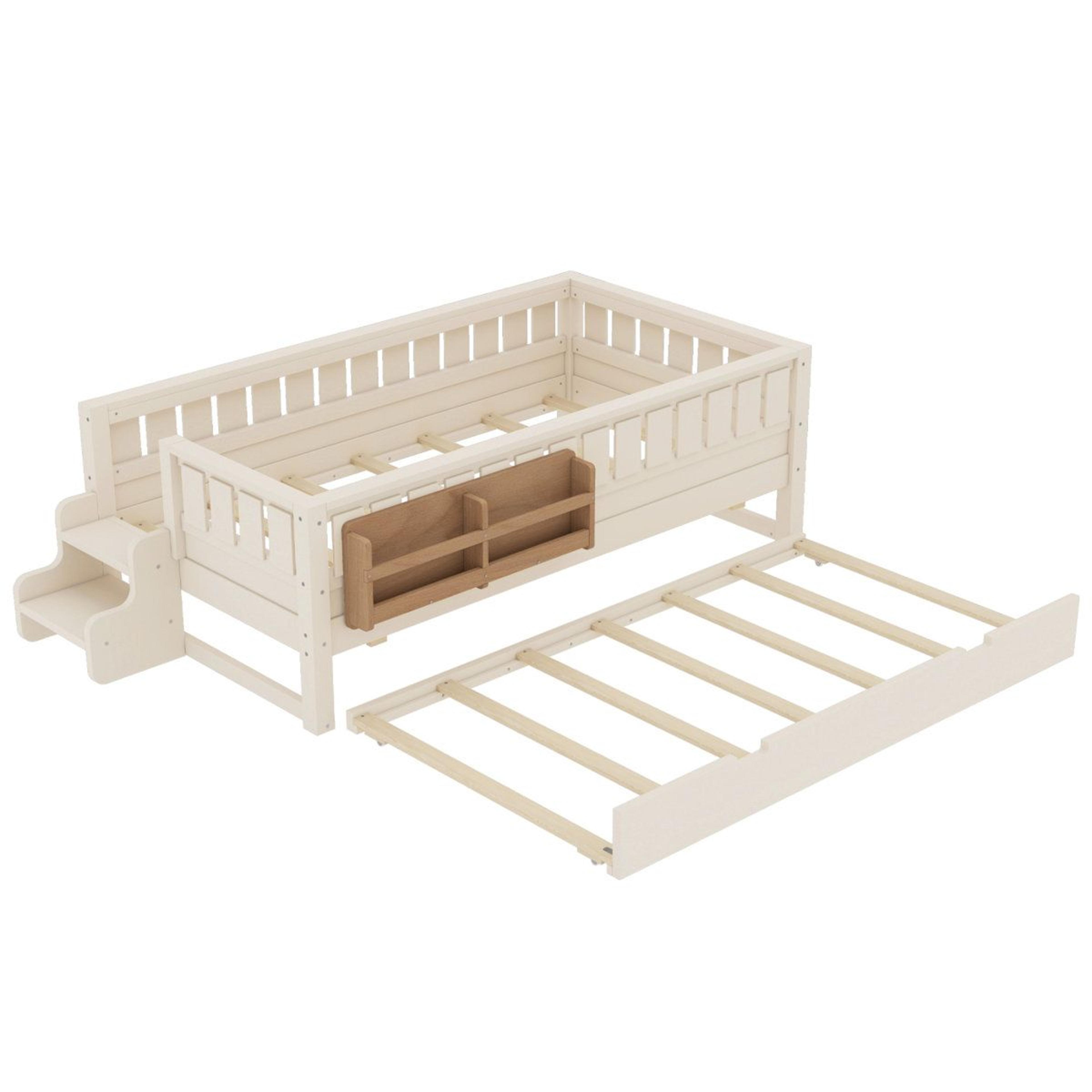 Twin Daybed With Bookshelves Staircase Safety Rails And PullOut Trundle  Beige 3