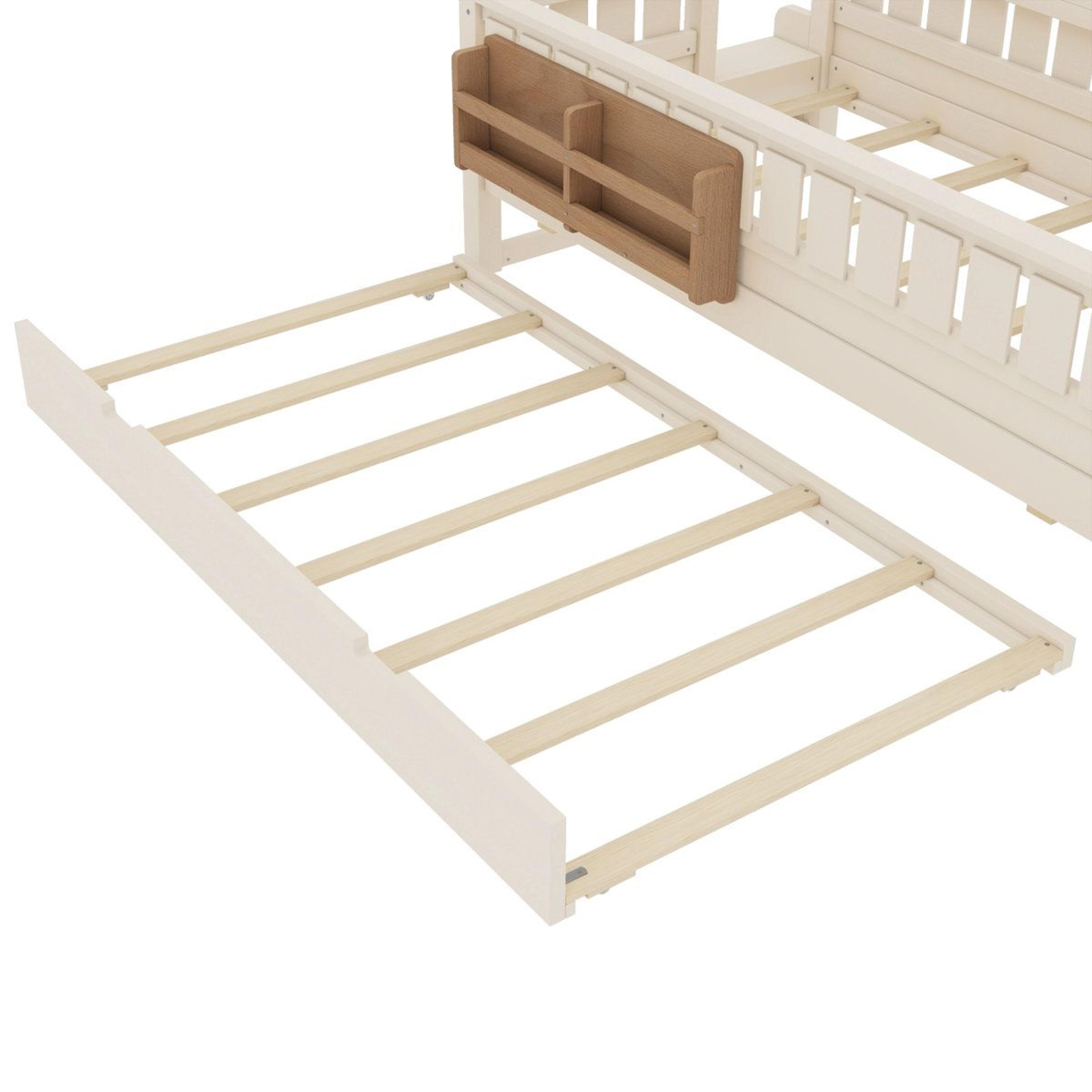 Twin Daybed With Bookshelves Staircase Safety Rails And PullOut Trundle  Beige 4