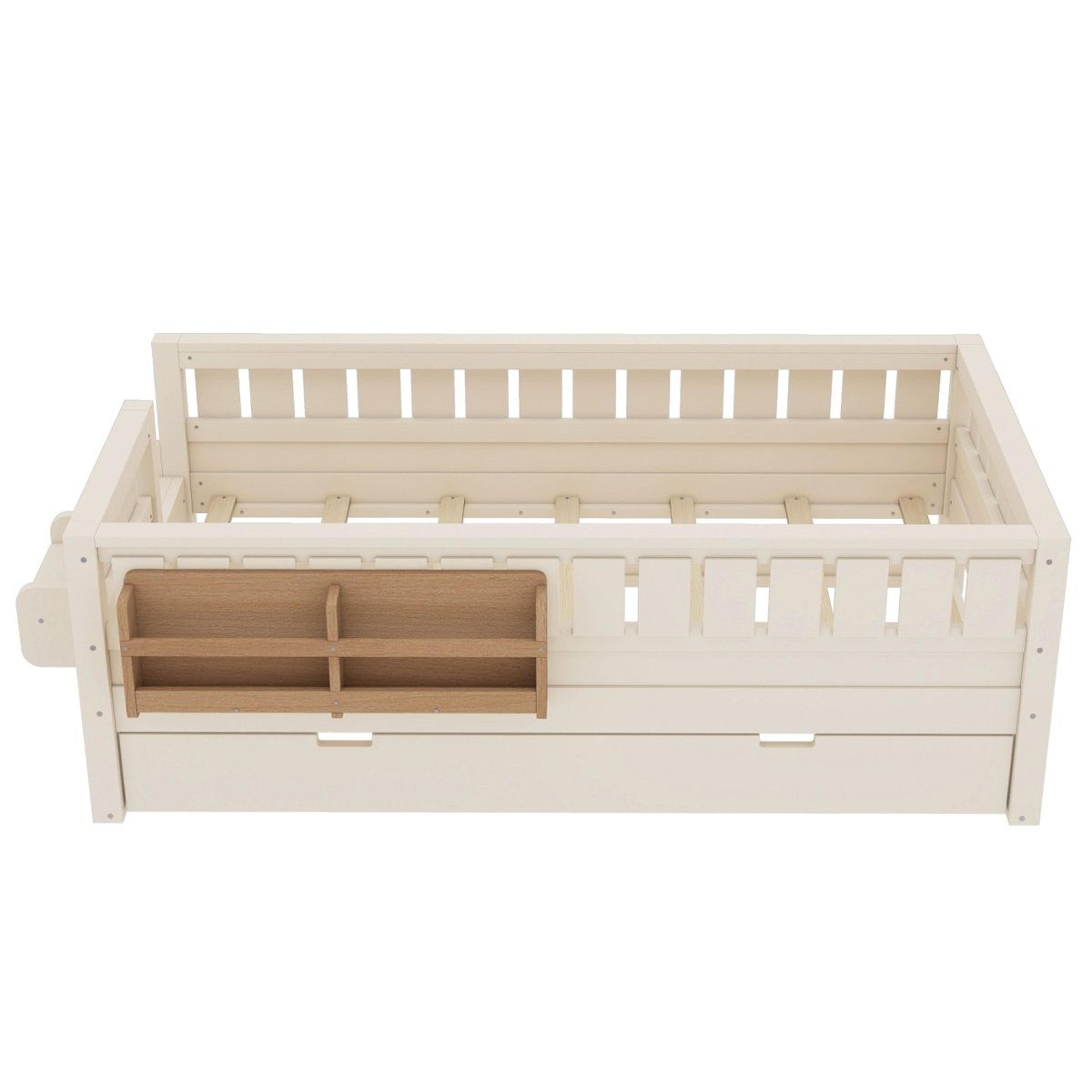twin daybed with bookshelves staircase safety rails and pull-out trundle – beige