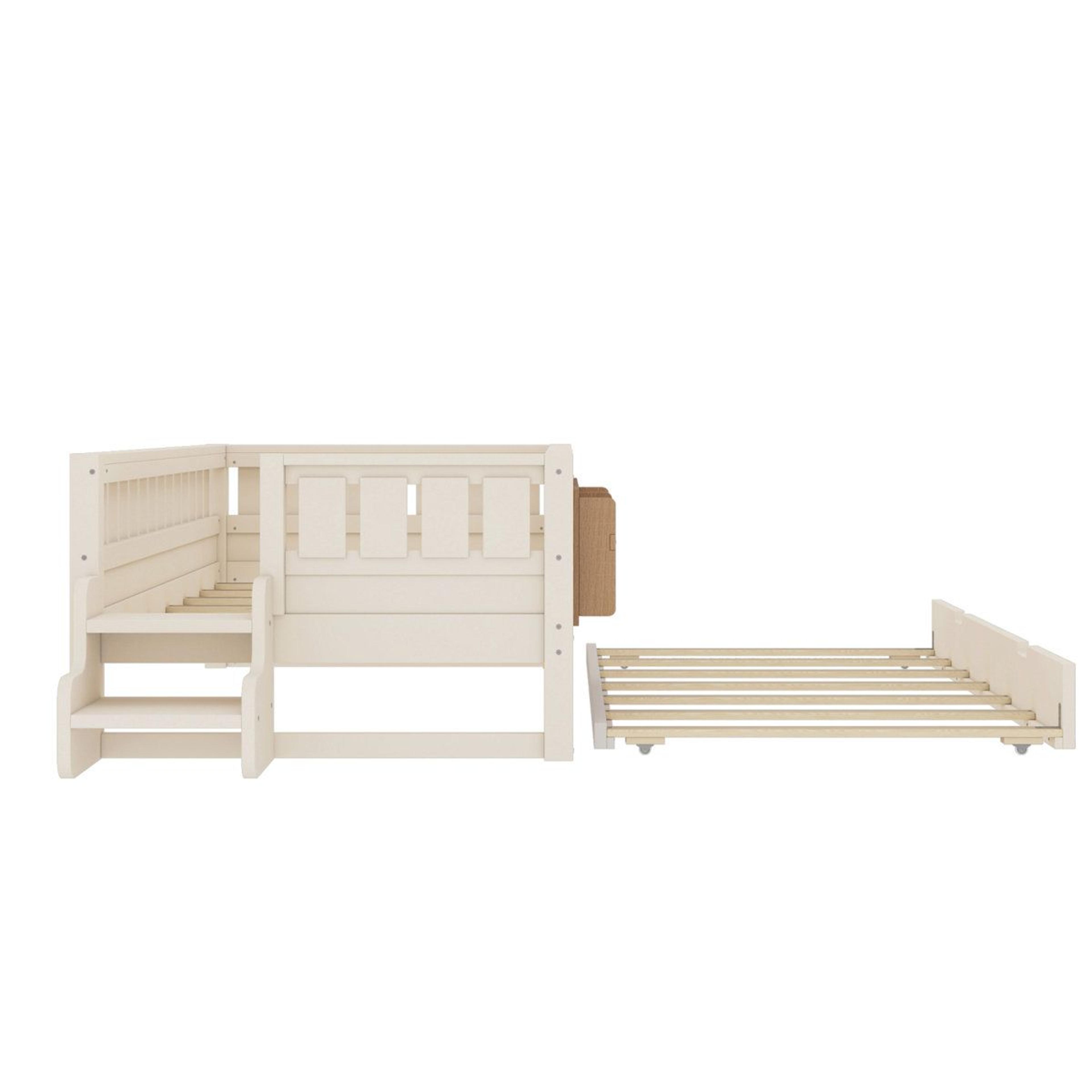 Twin Daybed With Bookshelves Staircase Safety Rails And PullOut Trundle  Beige 5