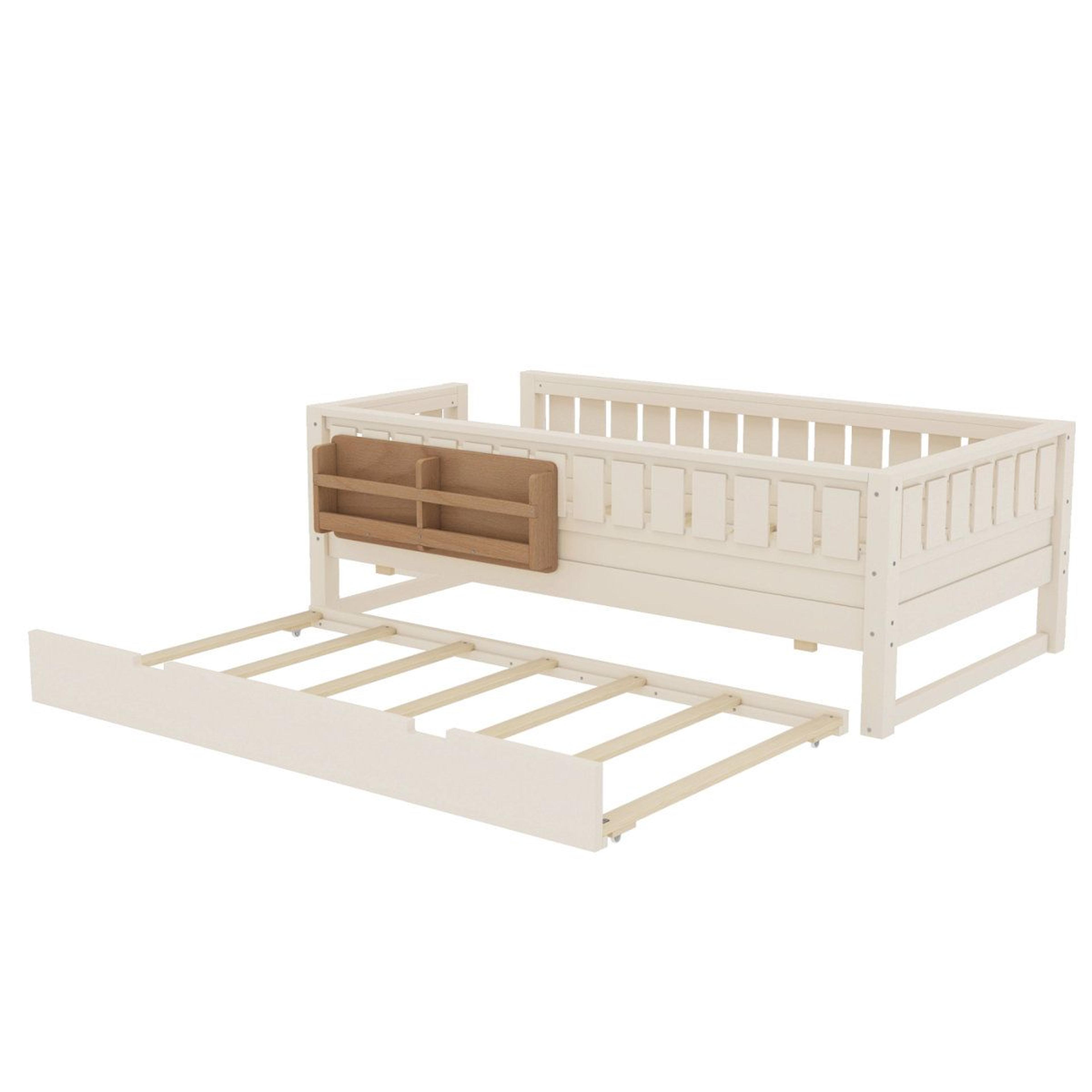 Twin Daybed With Bookshelves Staircase Safety Rails And PullOut Trundle  Beige 7