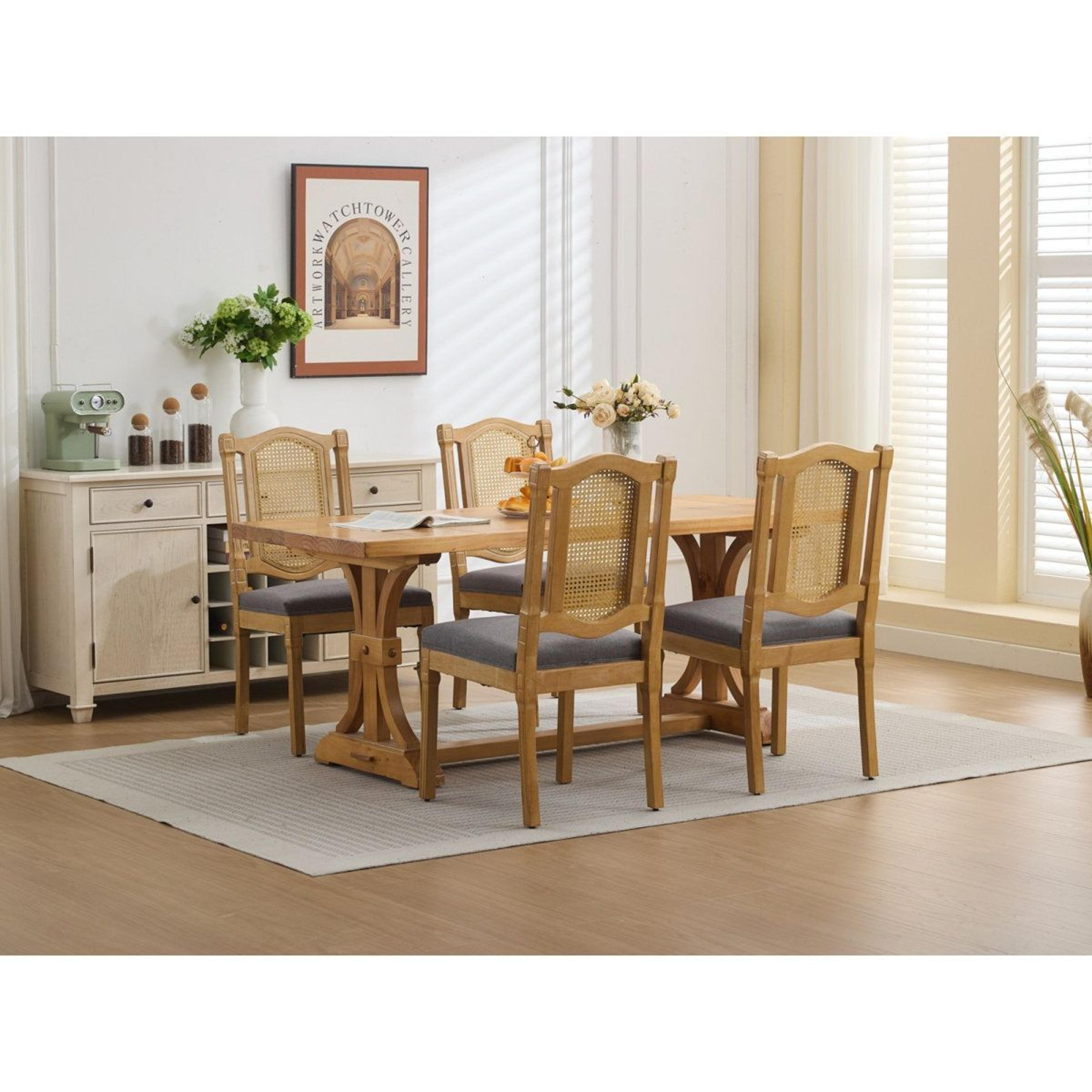 Solid Wood Dining Chairs Set Of 2 With RattanStyle Back And Linen Cushions 2