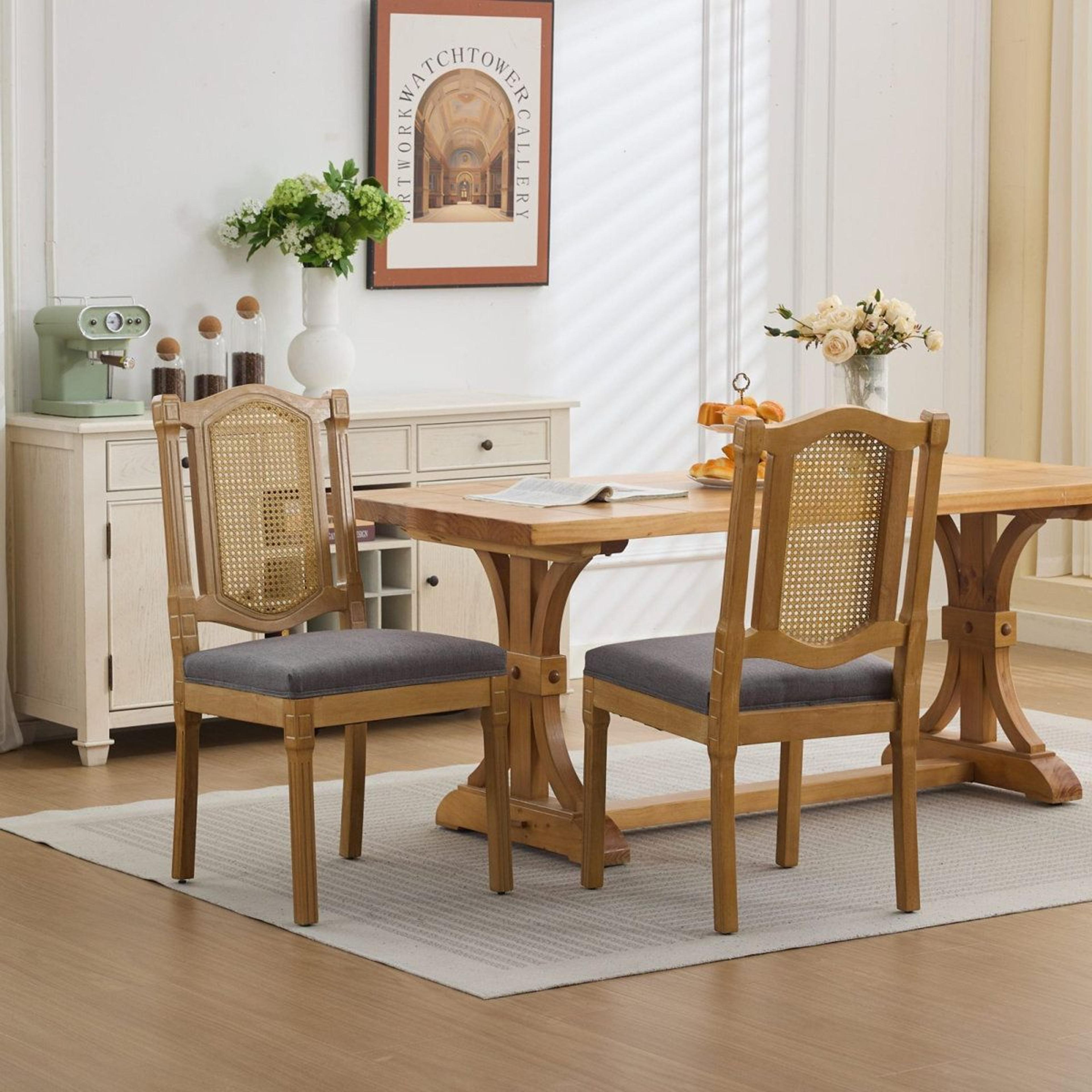 Solid Wood Dining Chairs Set Of 2 With RattanStyle Back And Linen Cushions 10