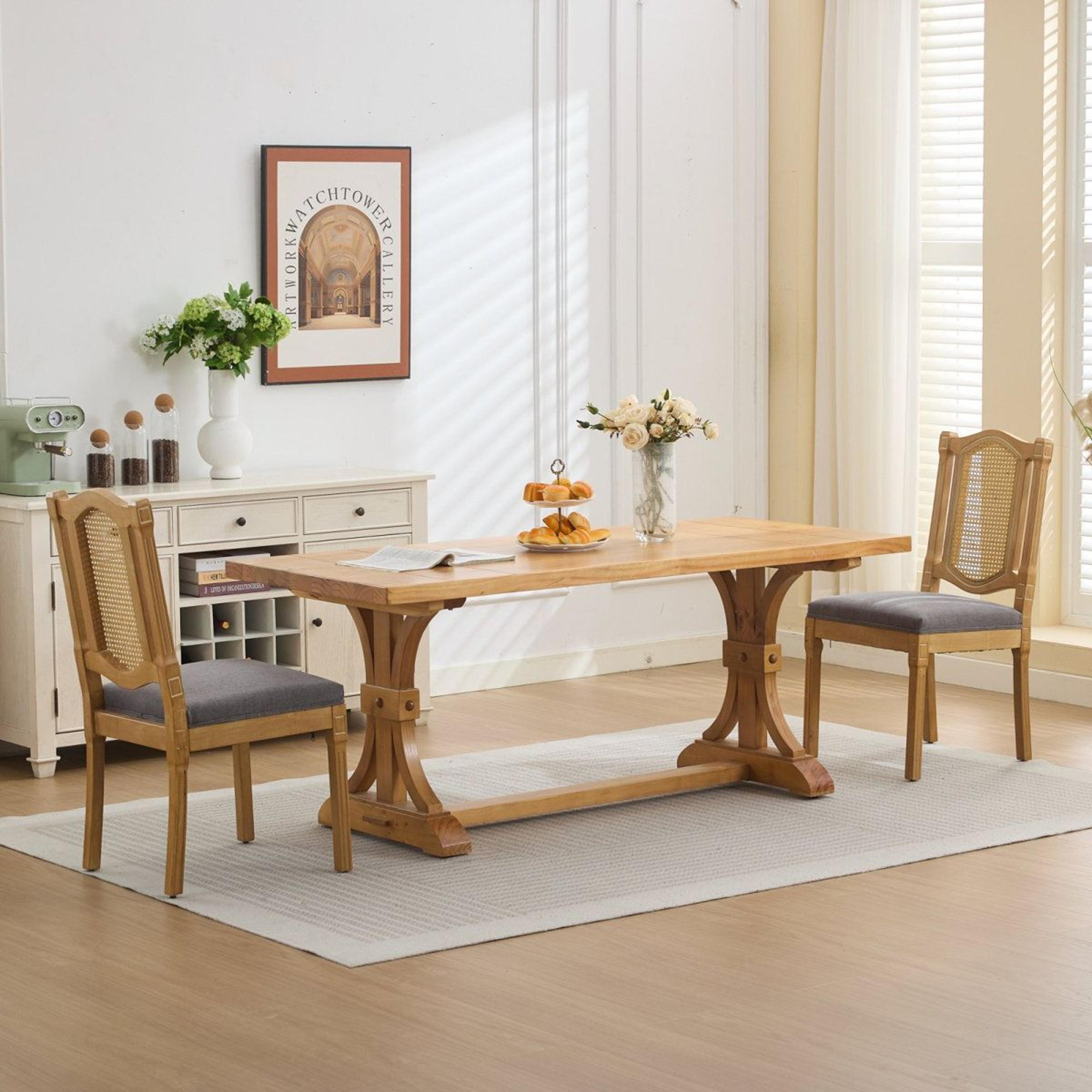 Solid Wood Dining Chairs Set Of 2 With RattanStyle Back And Linen Cushions 6