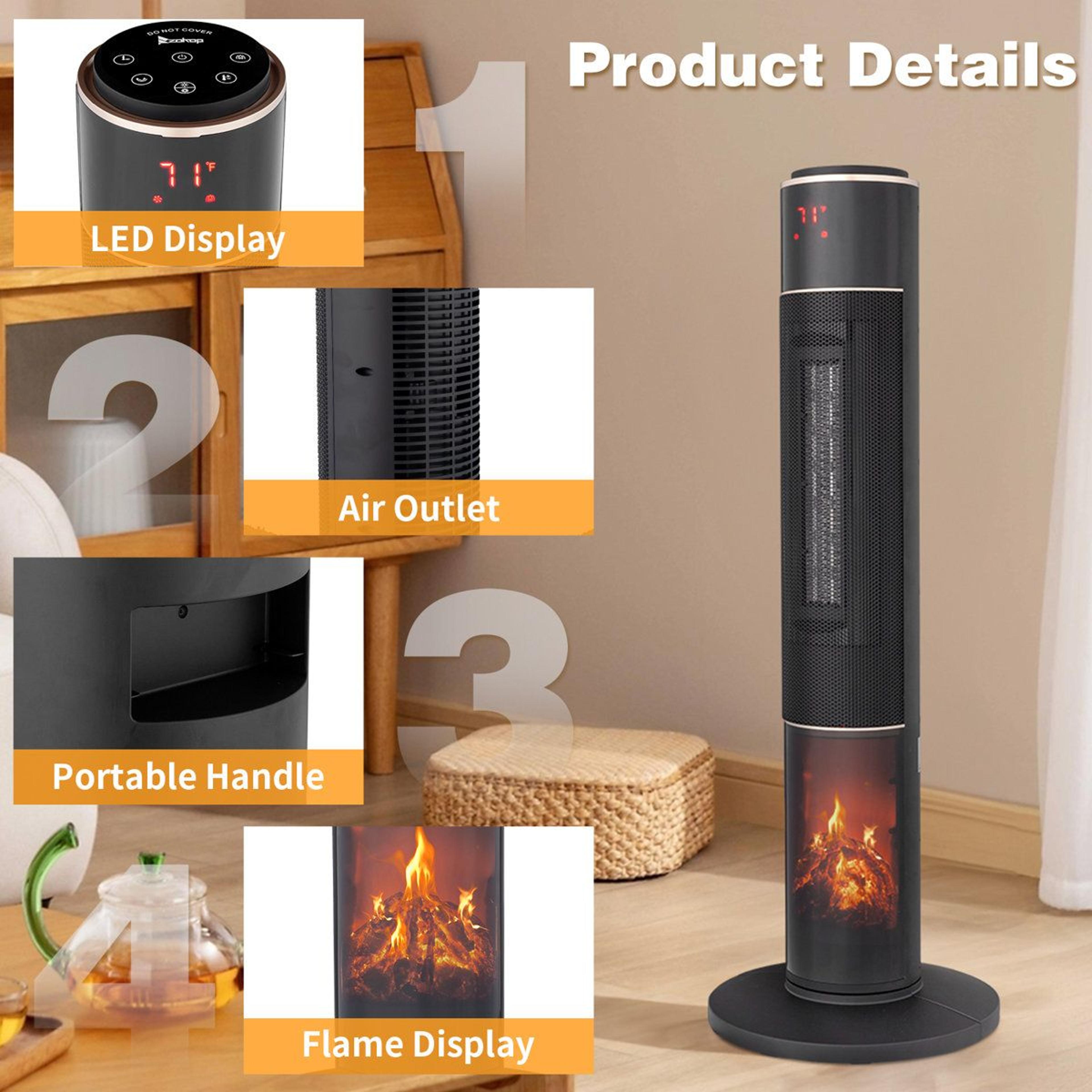 1500W Electric Ceramic Tower Space Heater With 3D Flame Effect And Remote Control 2