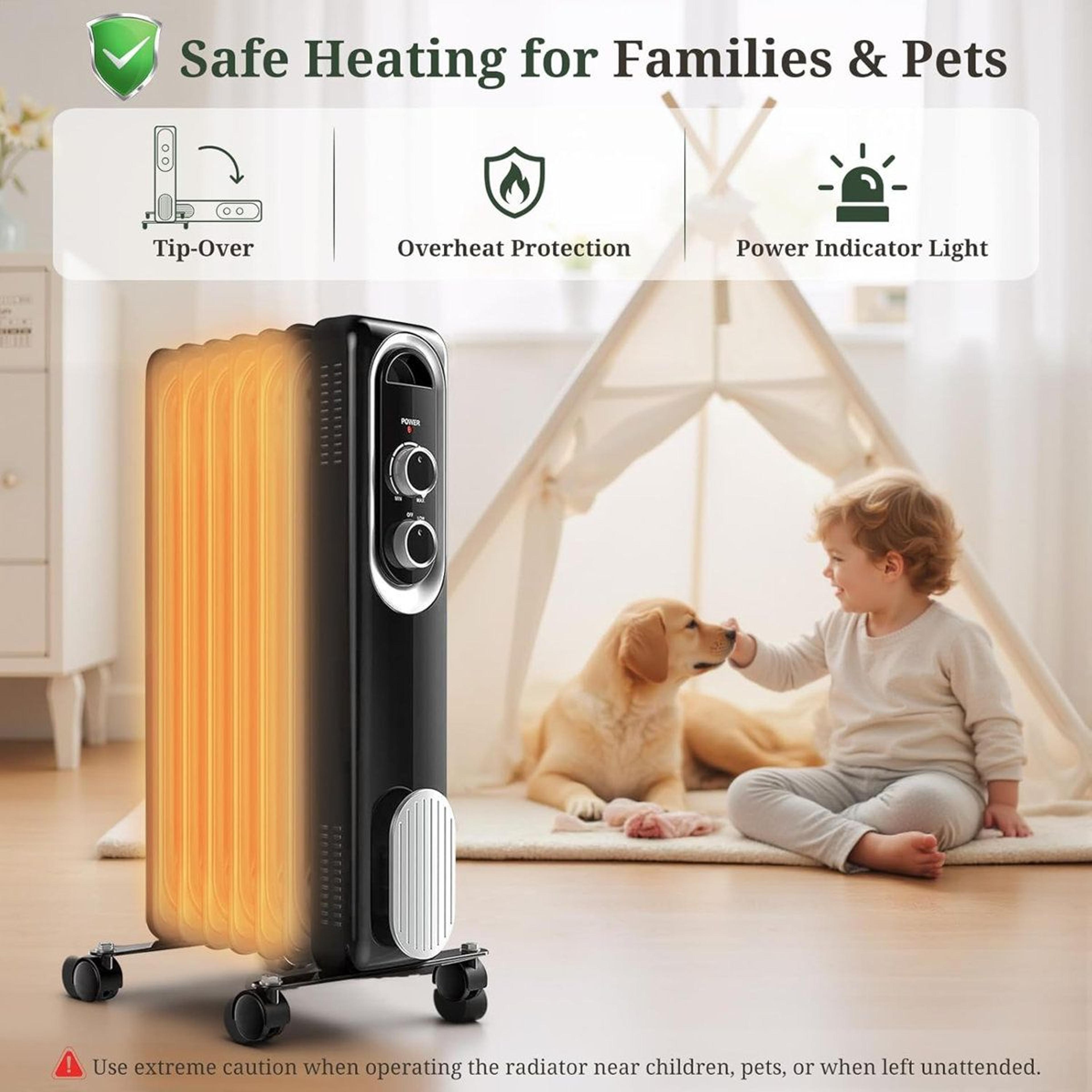 1500W Oil Filled Radiator Heater With Adjustable Thermostat And 3 Heat Settings 4