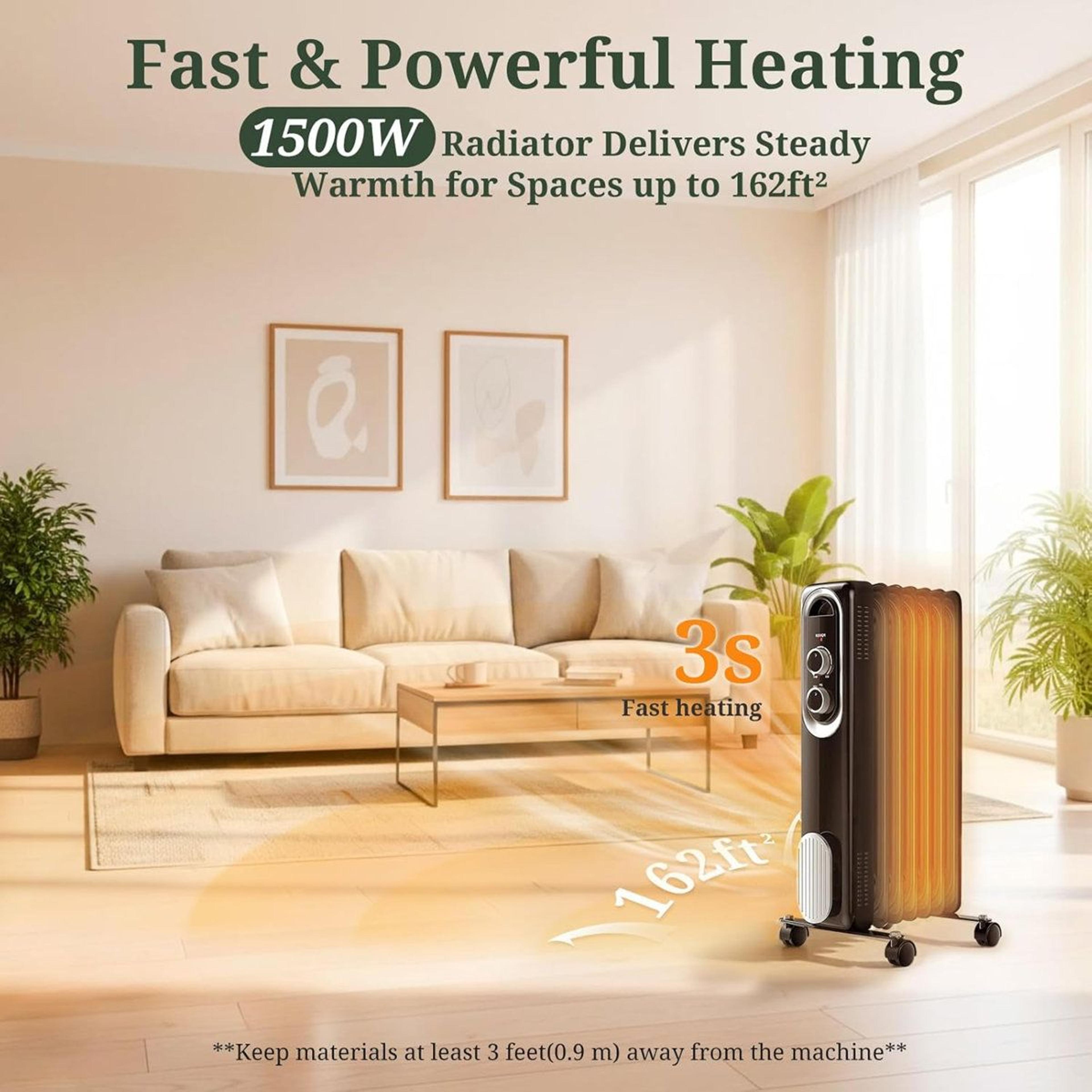 1500W Oil Filled Radiator Heater With Adjustable Thermostat And 3 Heat Settings 8