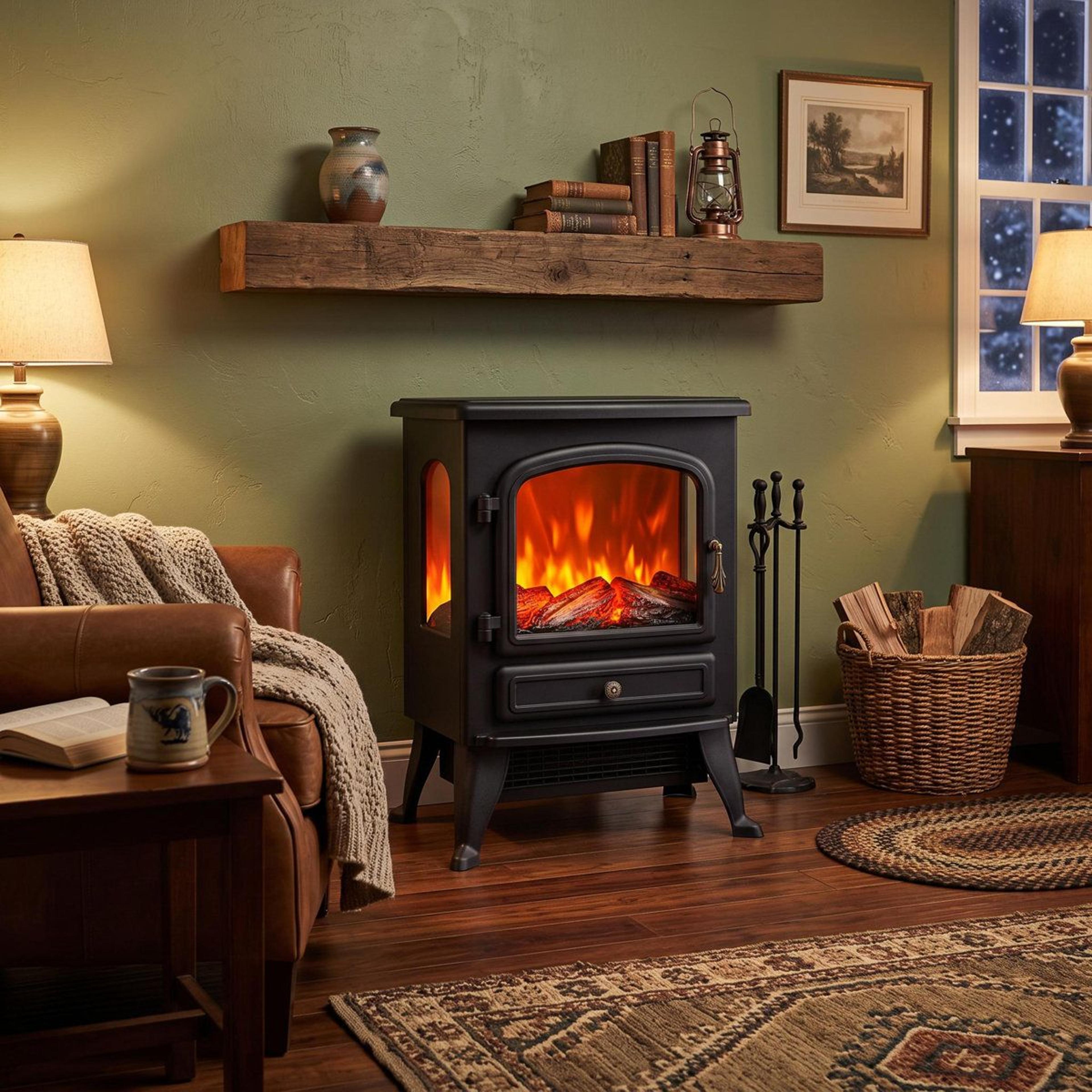3-sided electric fireplace heater with 180° flame view and adjustable thermostat