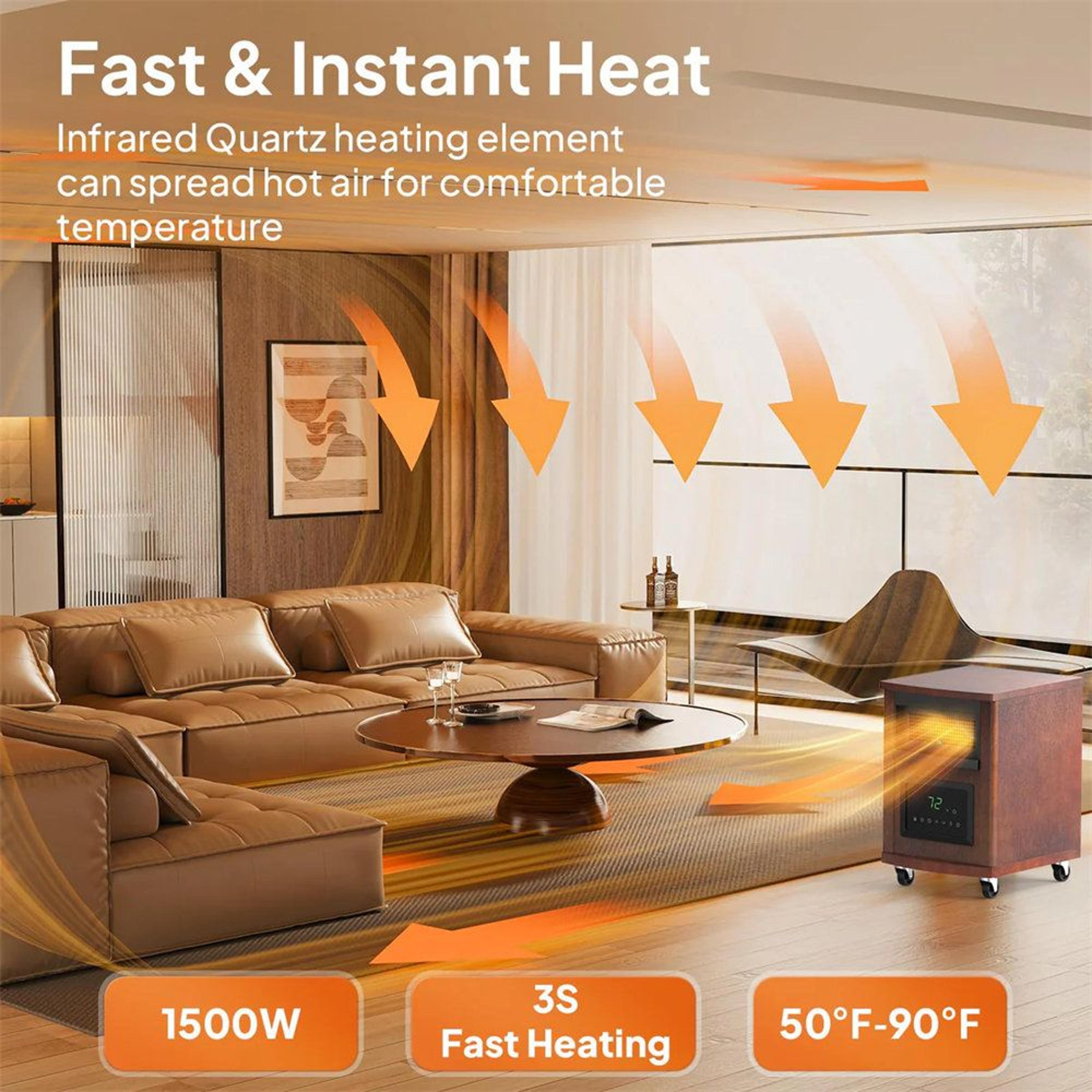 1500W Infrared Quartz Space Heater With Remote Control And Wheels  Brown 1