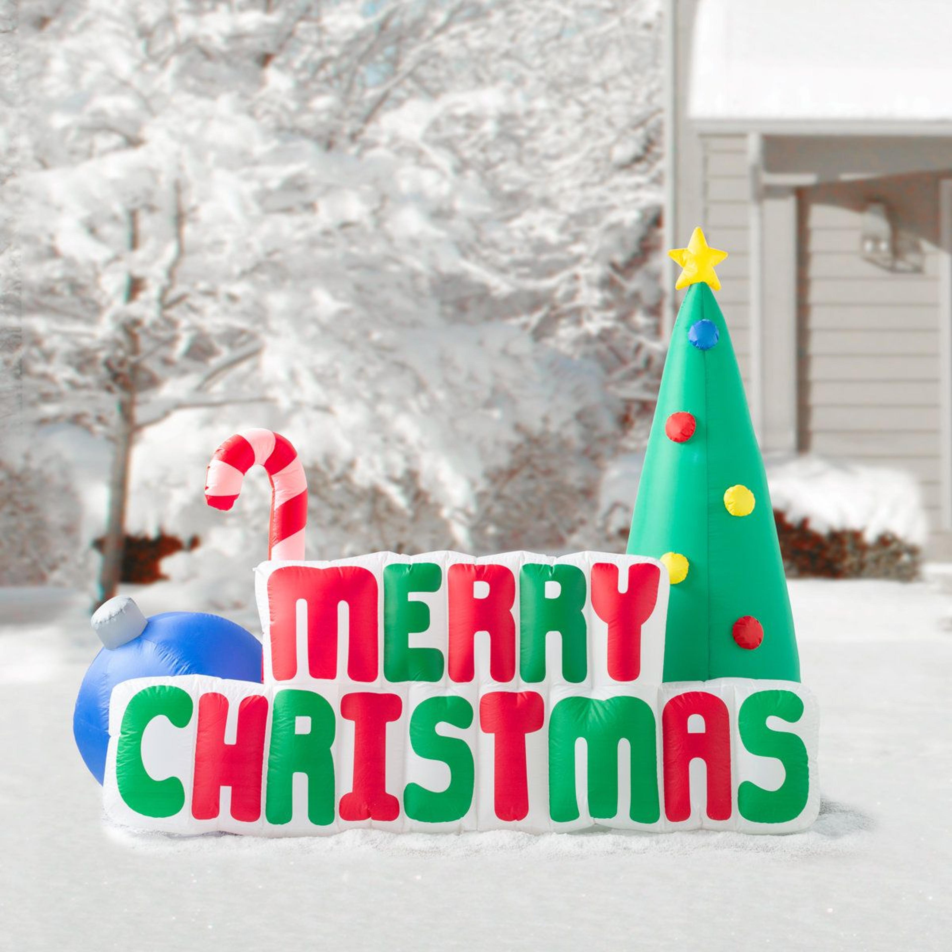 6 Ft Lighted Christmas Inflatable Tree With Candy Cane And Merry Christmas Sign 2