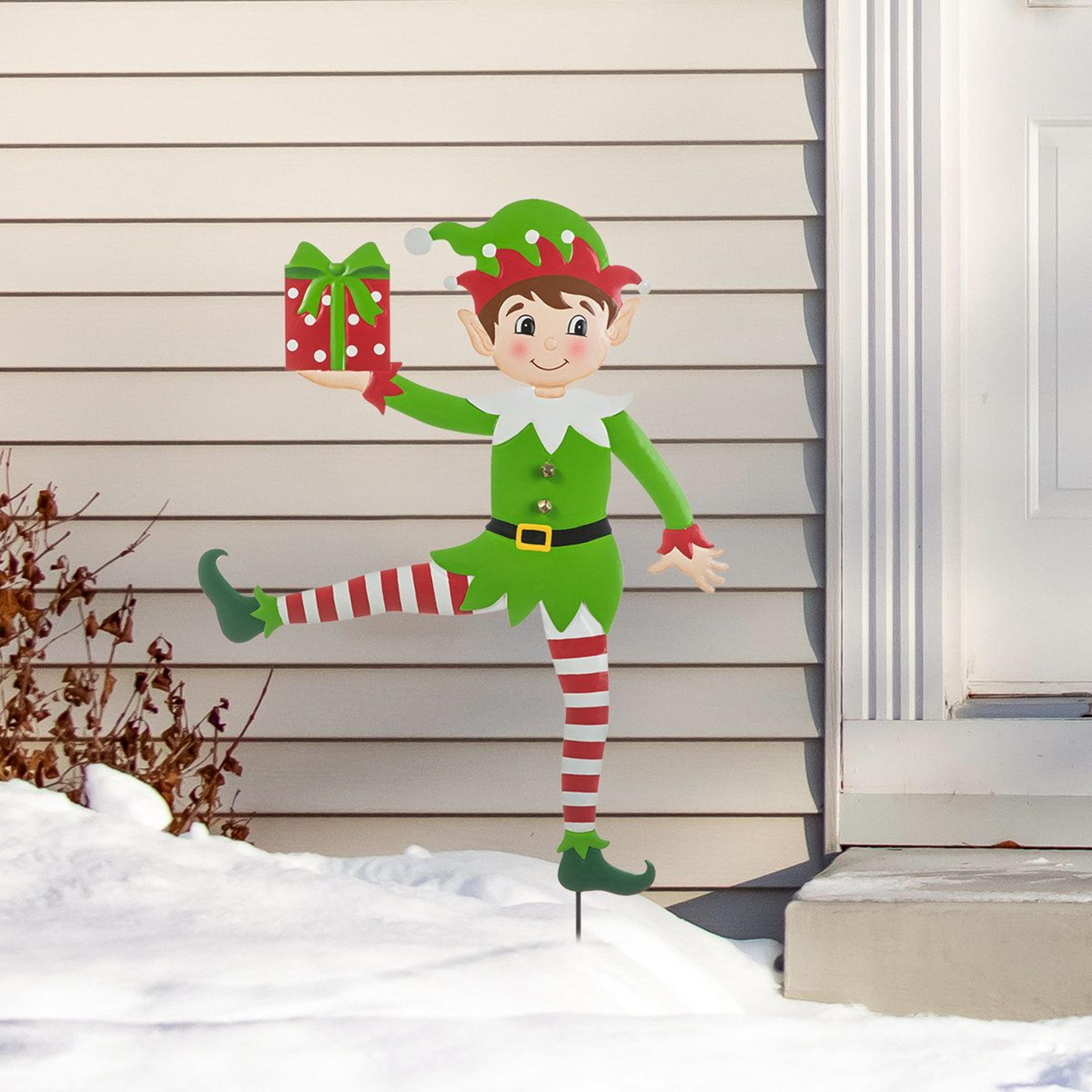 Set Of 2 Christmas Metal Dancing Elf Yard Stakes And Wall Decor 4