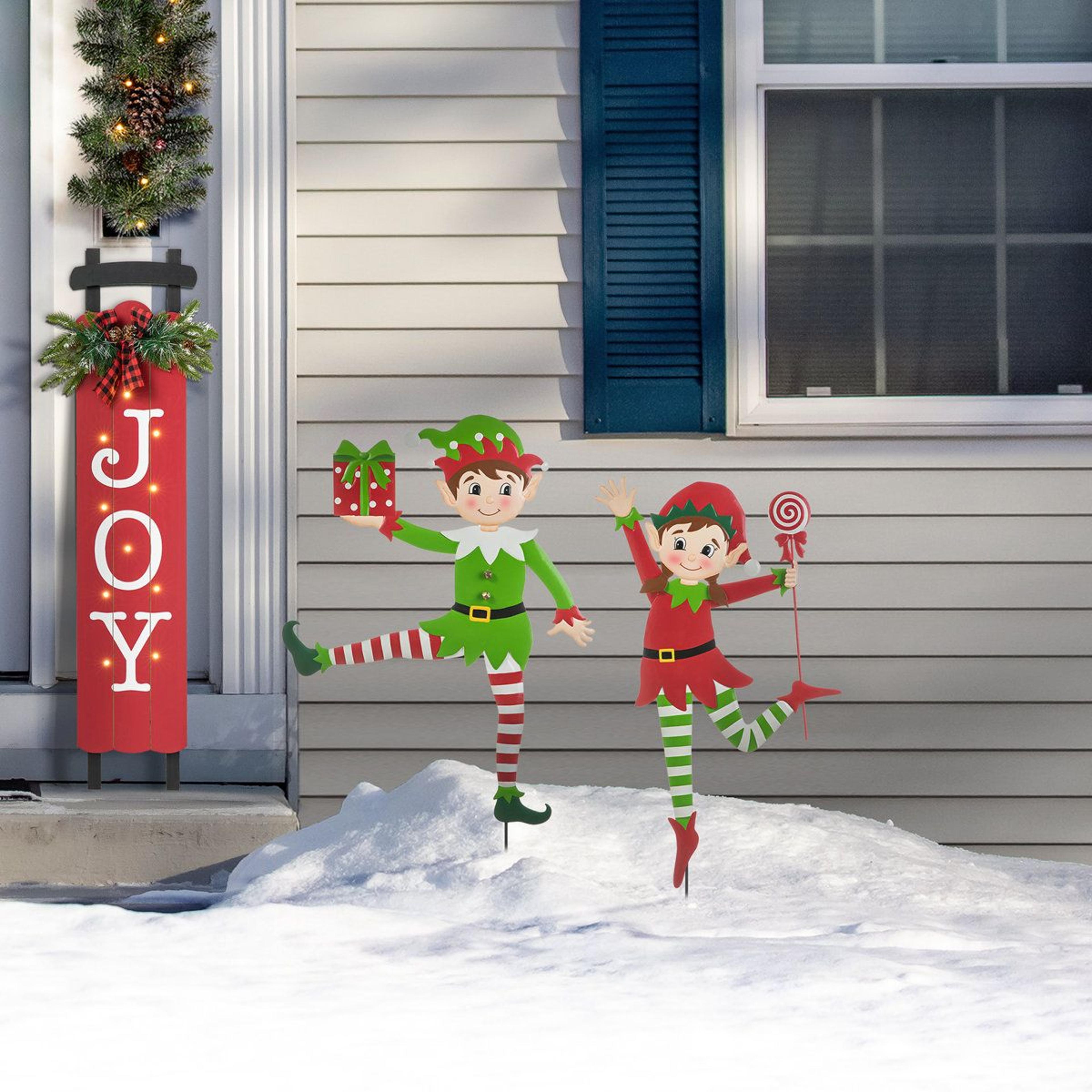 Set Of 2 Christmas Metal Dancing Elf Yard Stakes And Wall Decor 5