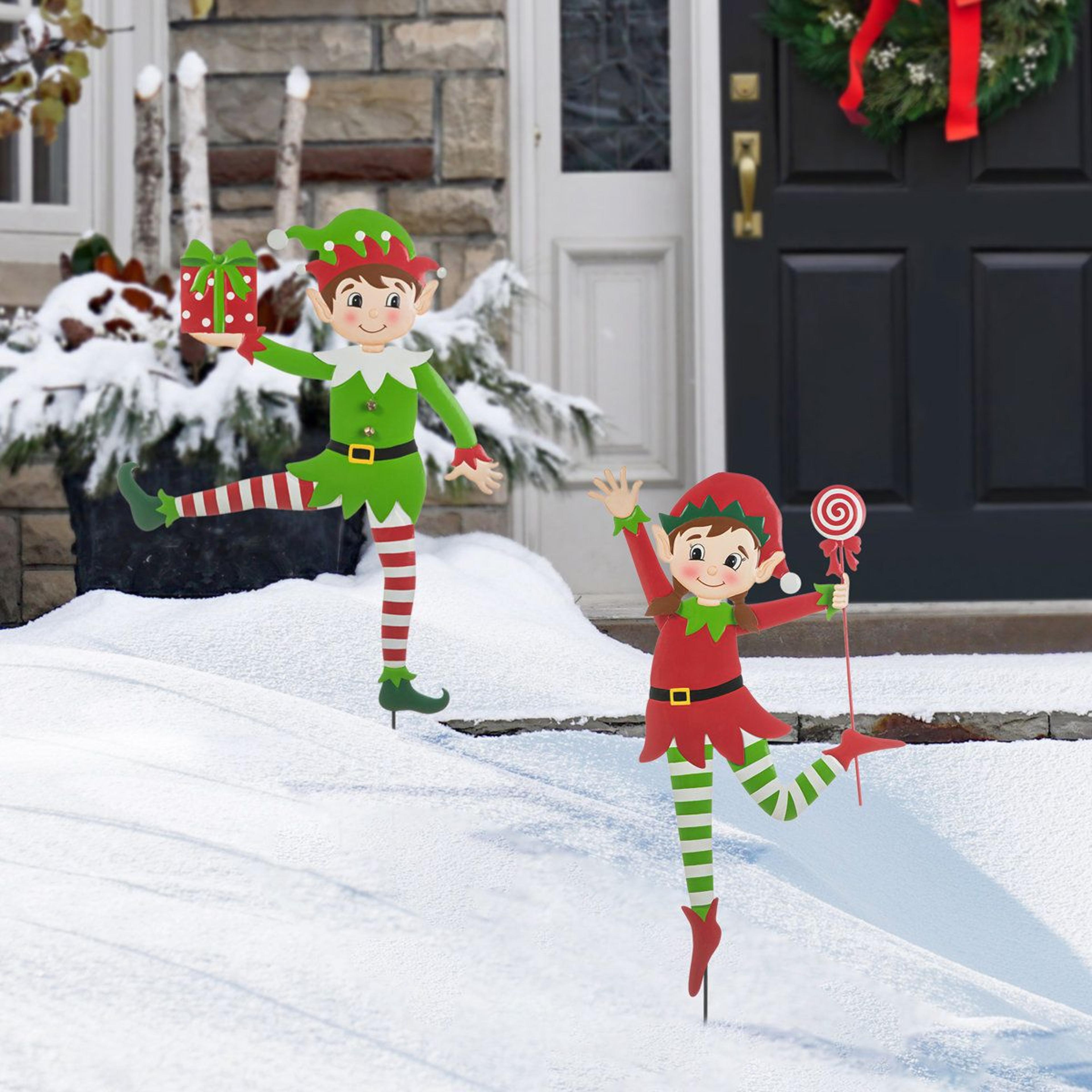Set Of 2 Christmas Metal Dancing Elf Yard Stakes And Wall Decor 1