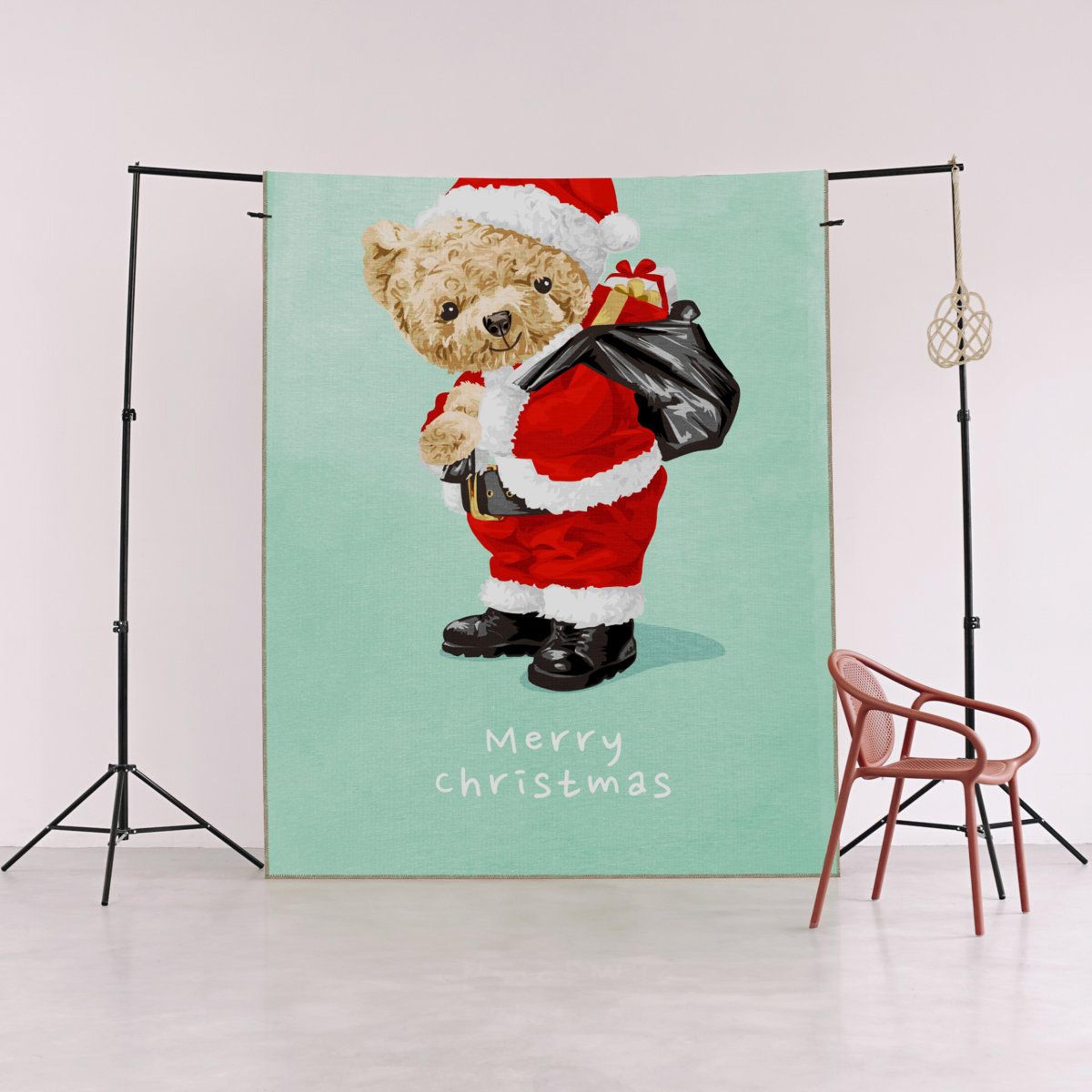 turquoise christmas santa and teddy bear decorative area rug