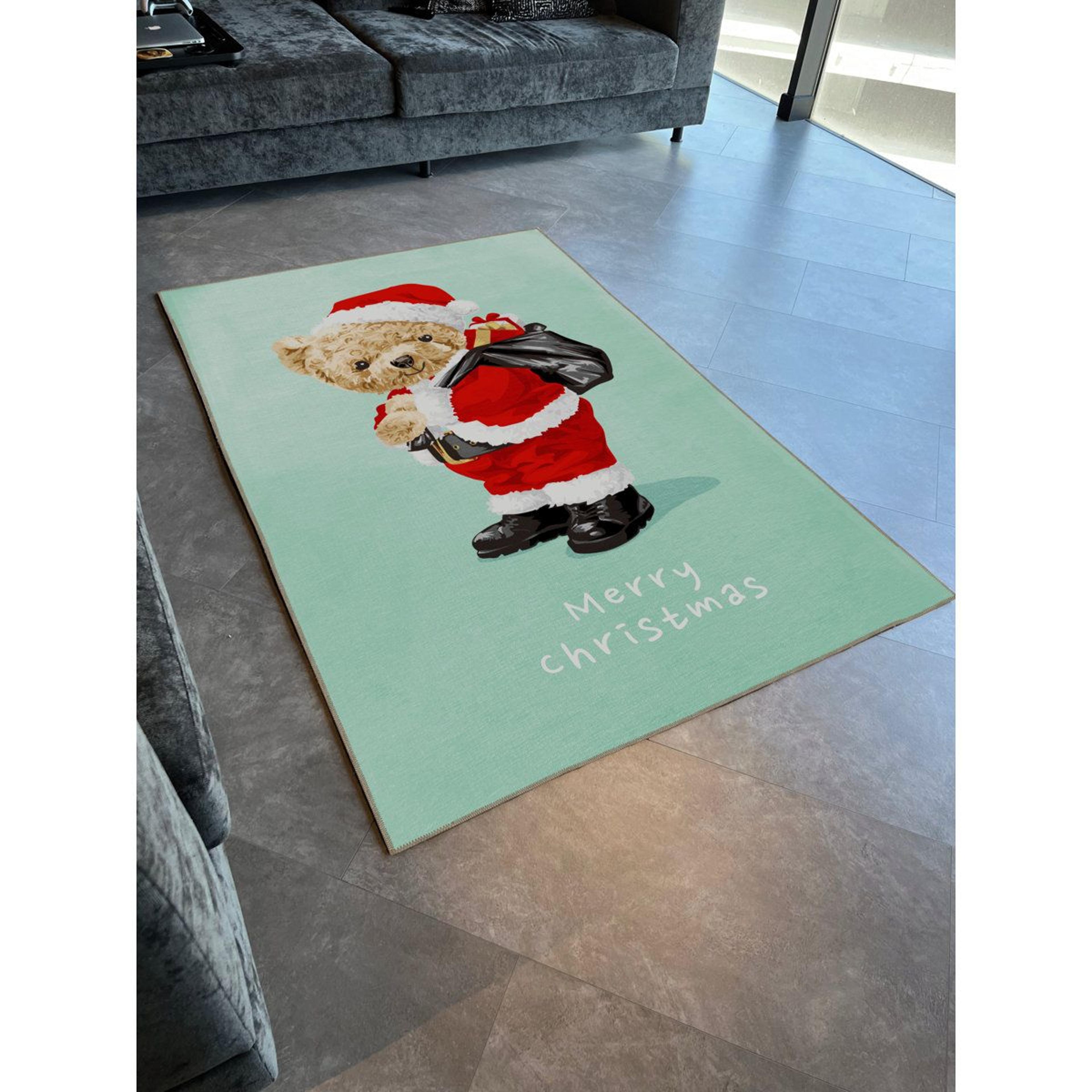 Turquoise Christmas Santa And Teddy Bear Decorative Area Rug 4
