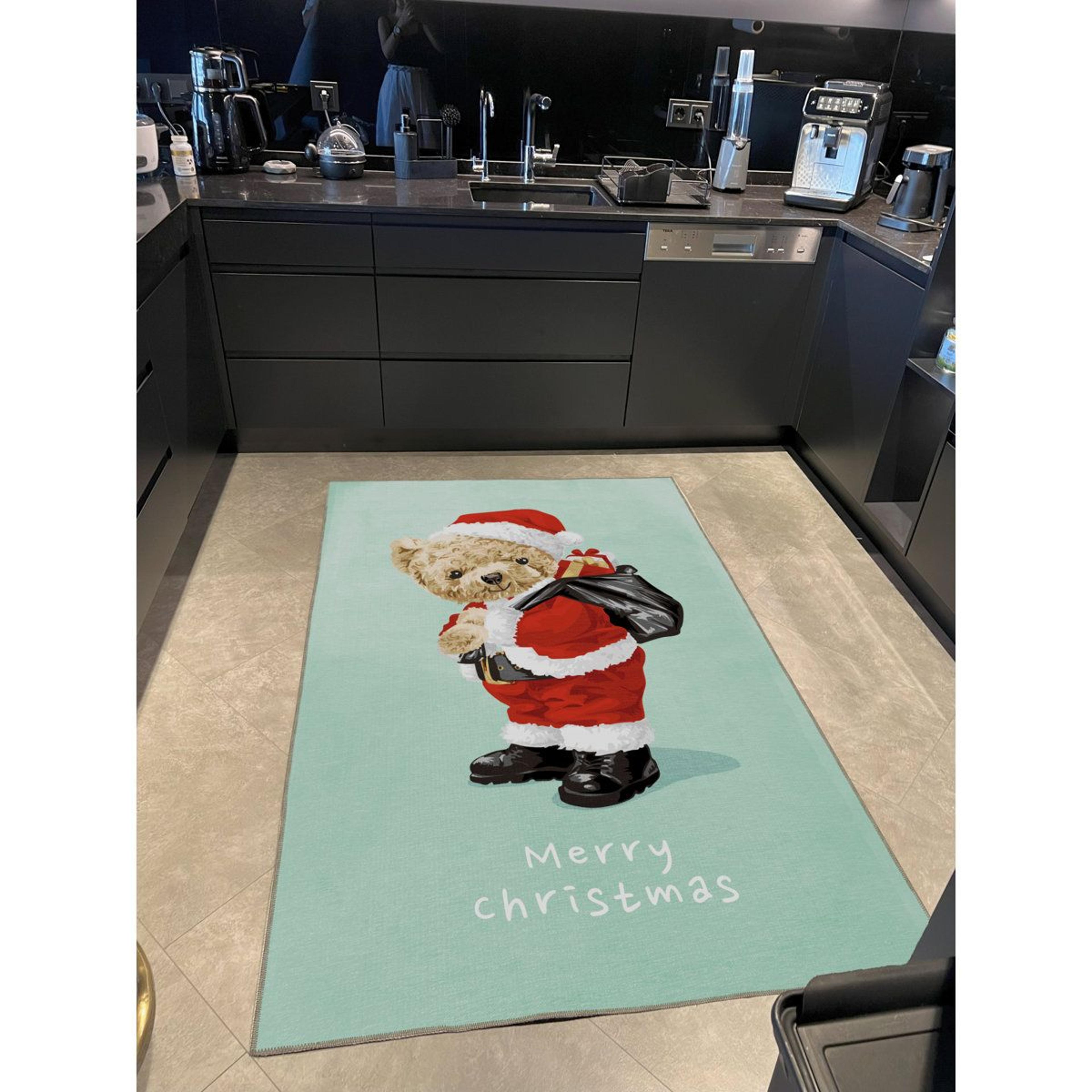 Turquoise Christmas Santa And Teddy Bear Decorative Area Rug 1