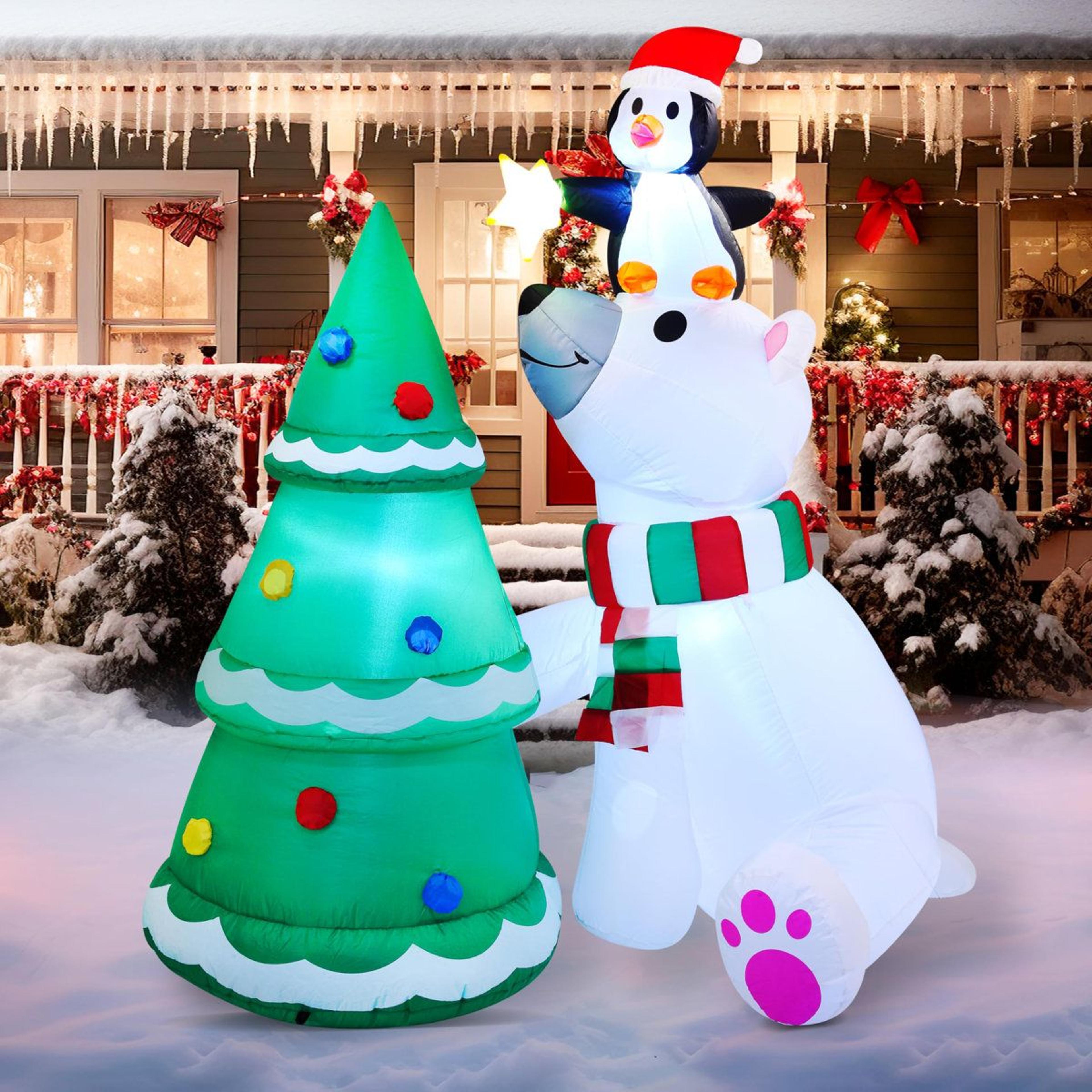 6 Ft Christmas Polar Bear Inflatable With Penguin Tree And LED Lights 6