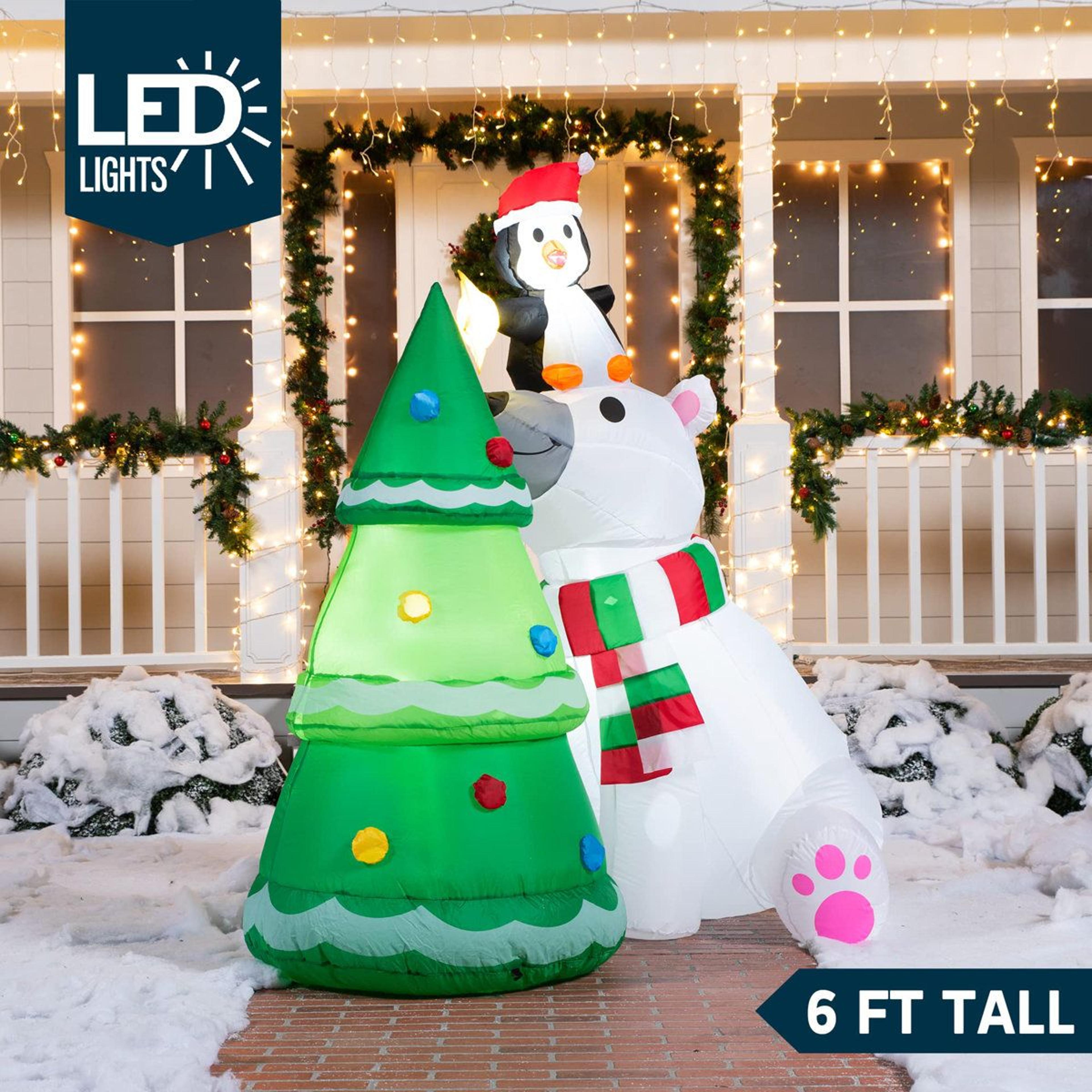 6 Ft Christmas Polar Bear Inflatable With Penguin Tree And LED Lights 5