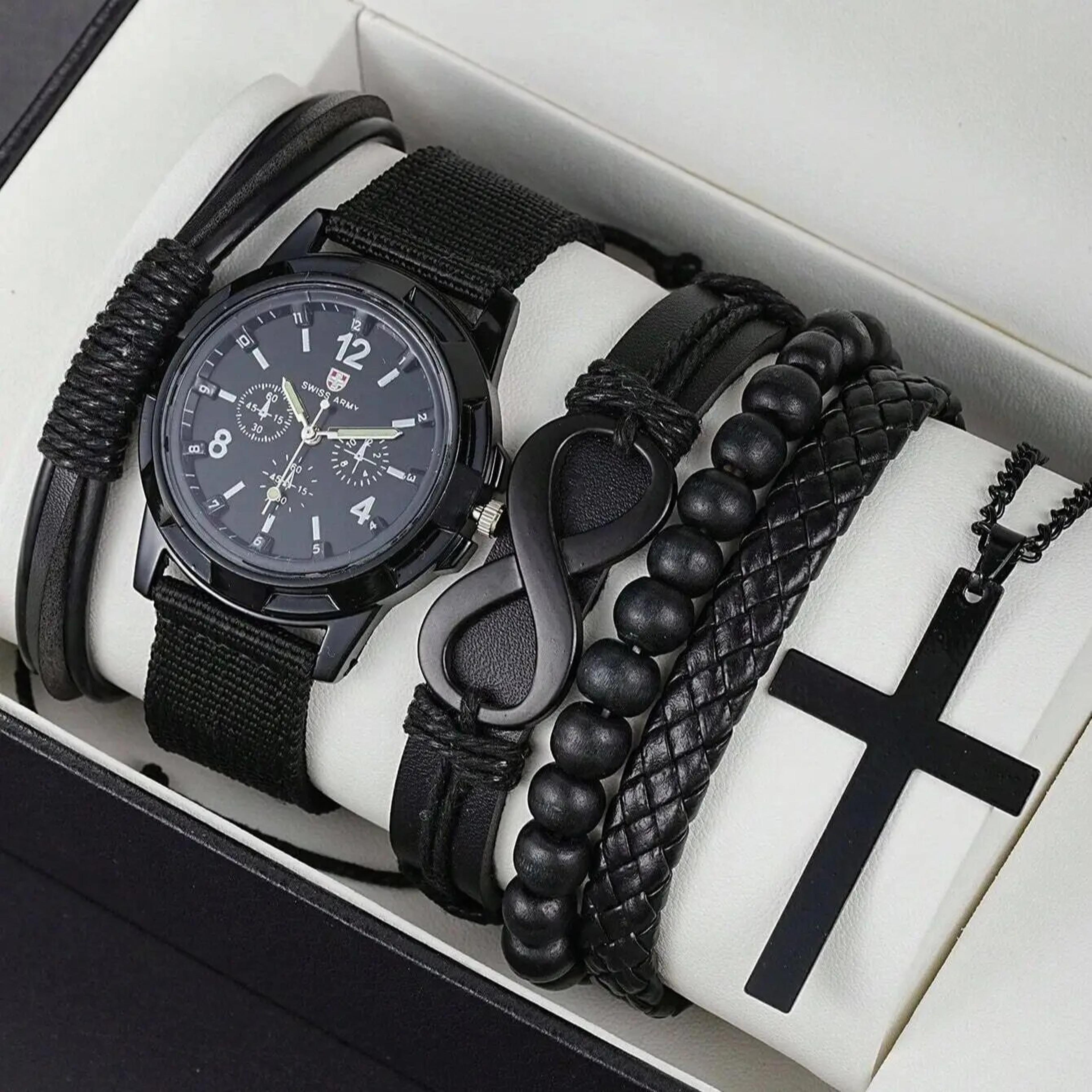 luxury men's jewelry gift set with skeleton mechanical watch, pu leather bracelet & cross necklaces
