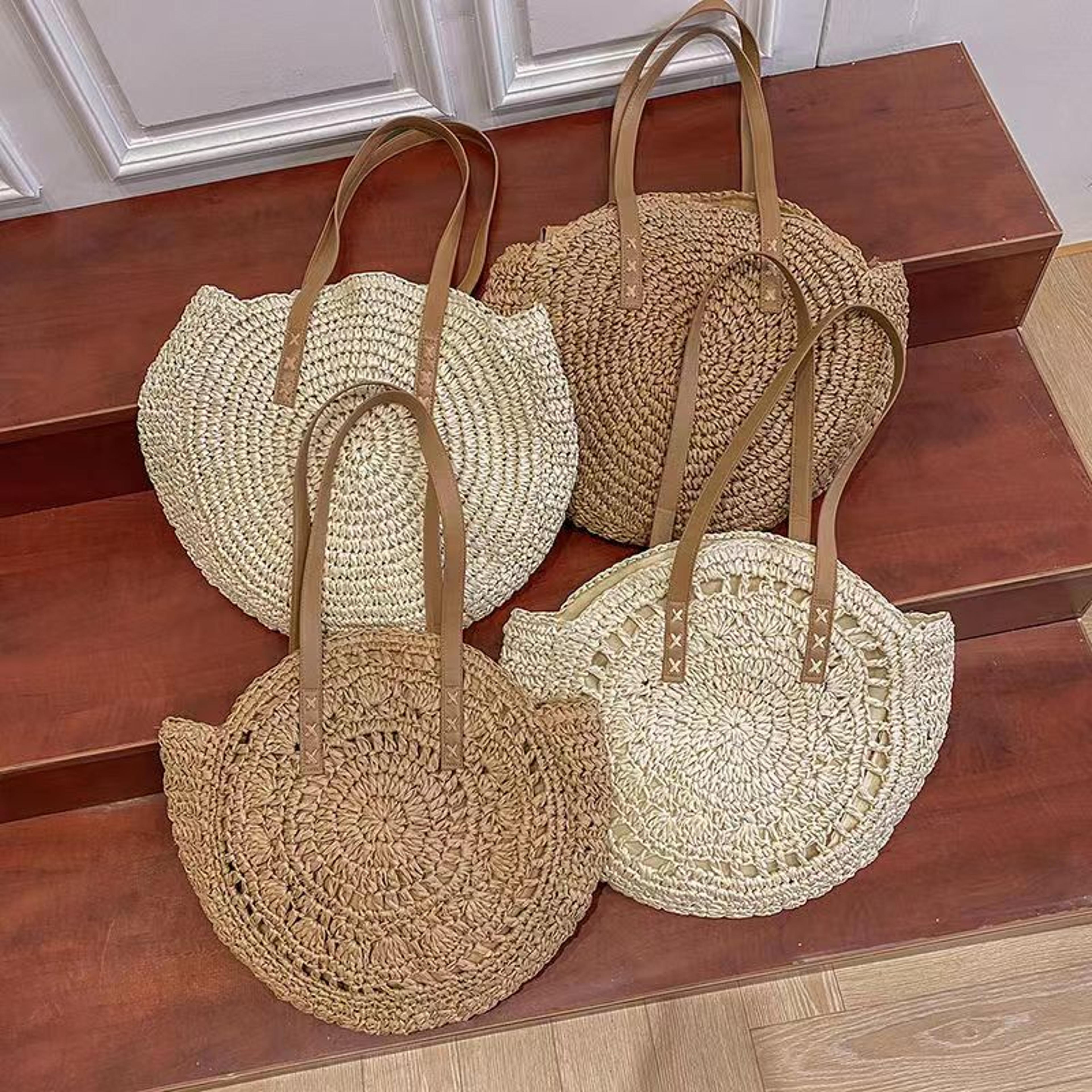 Handmade Round Straw Beach Bag  Bohemian Raffia Circle Rattan Shoulder Bag 3