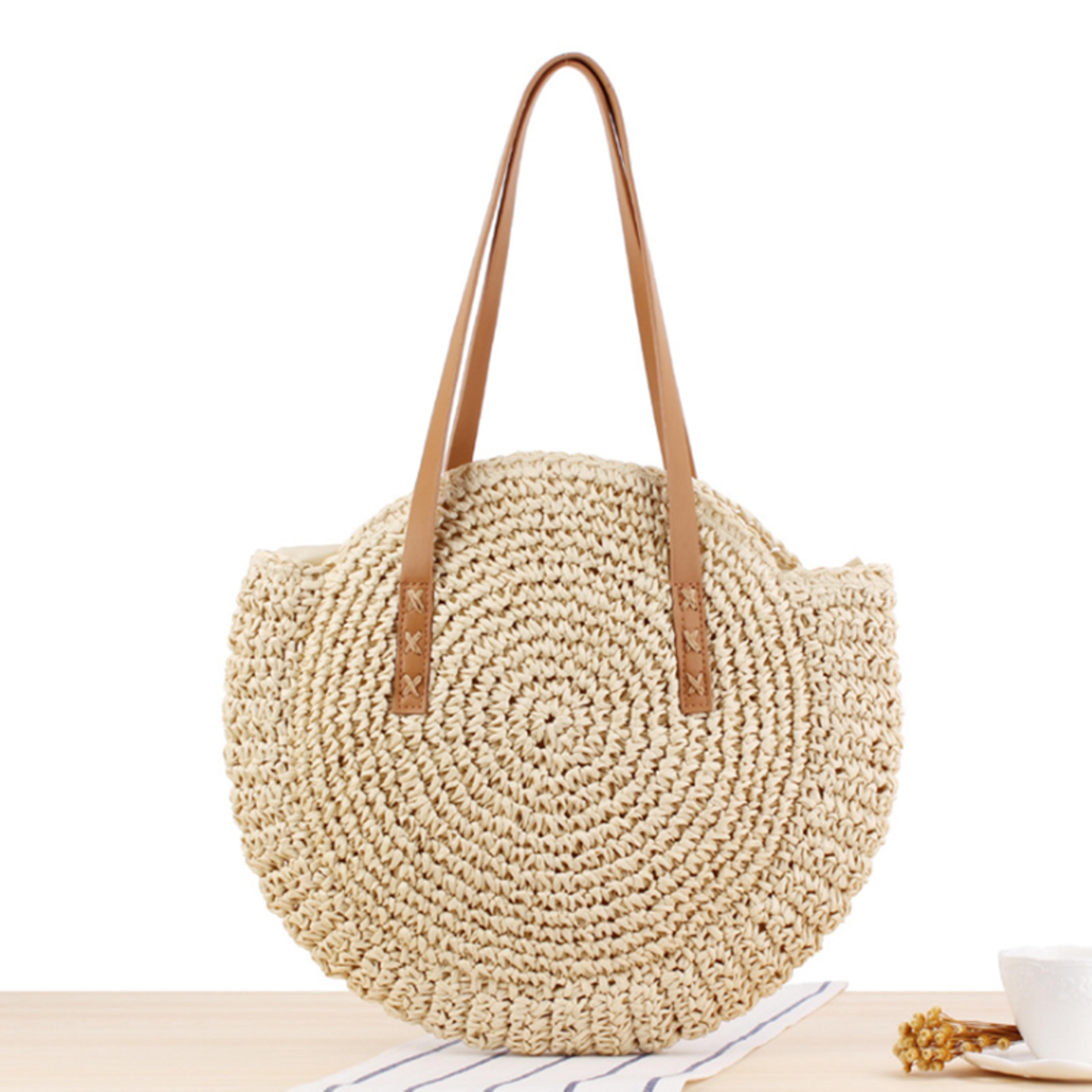 Handmade Round Straw Beach Bag  Bohemian Raffia Circle Rattan Shoulder Bag 12