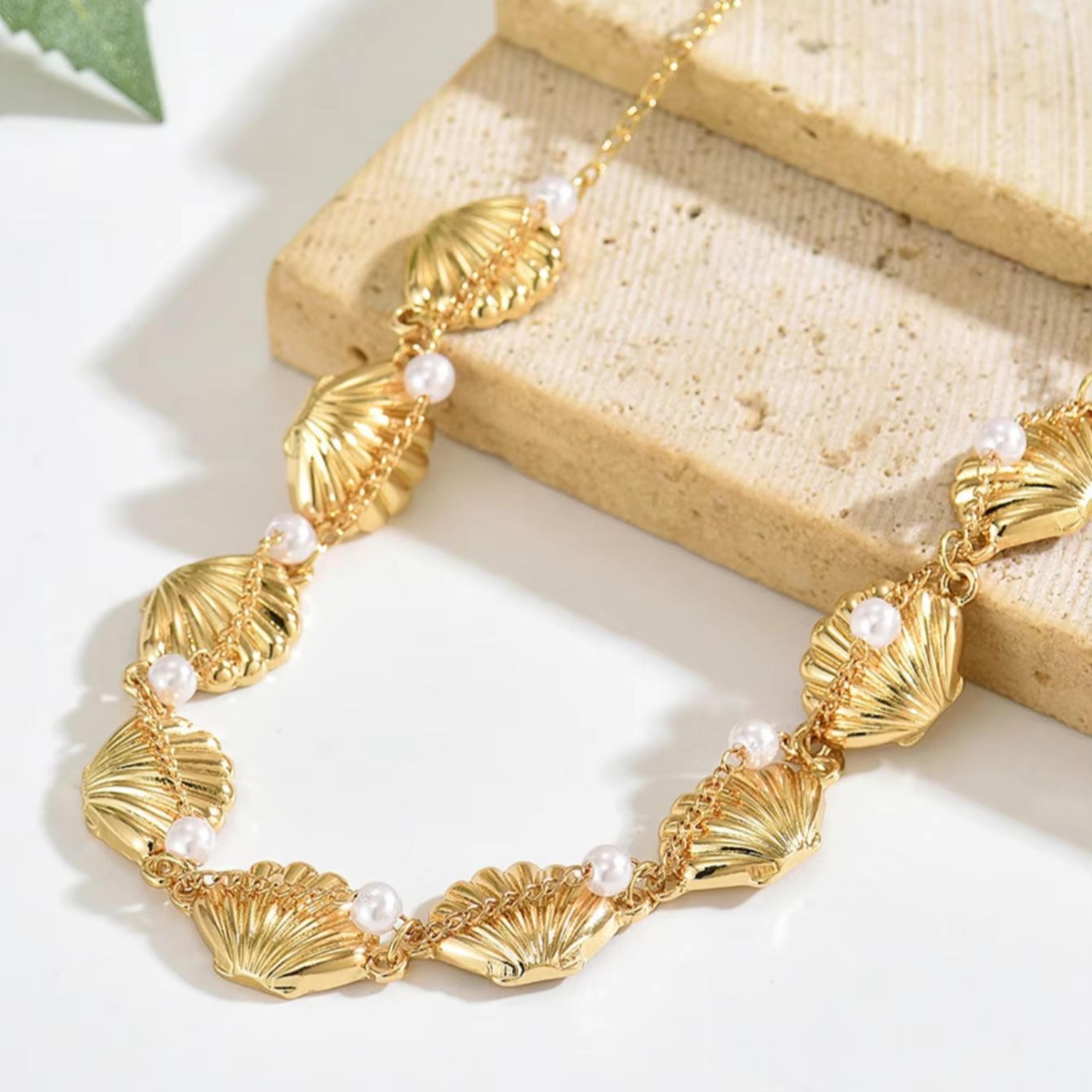 Golden Shell Choker Necklace With Pearls For Summer Beach 1