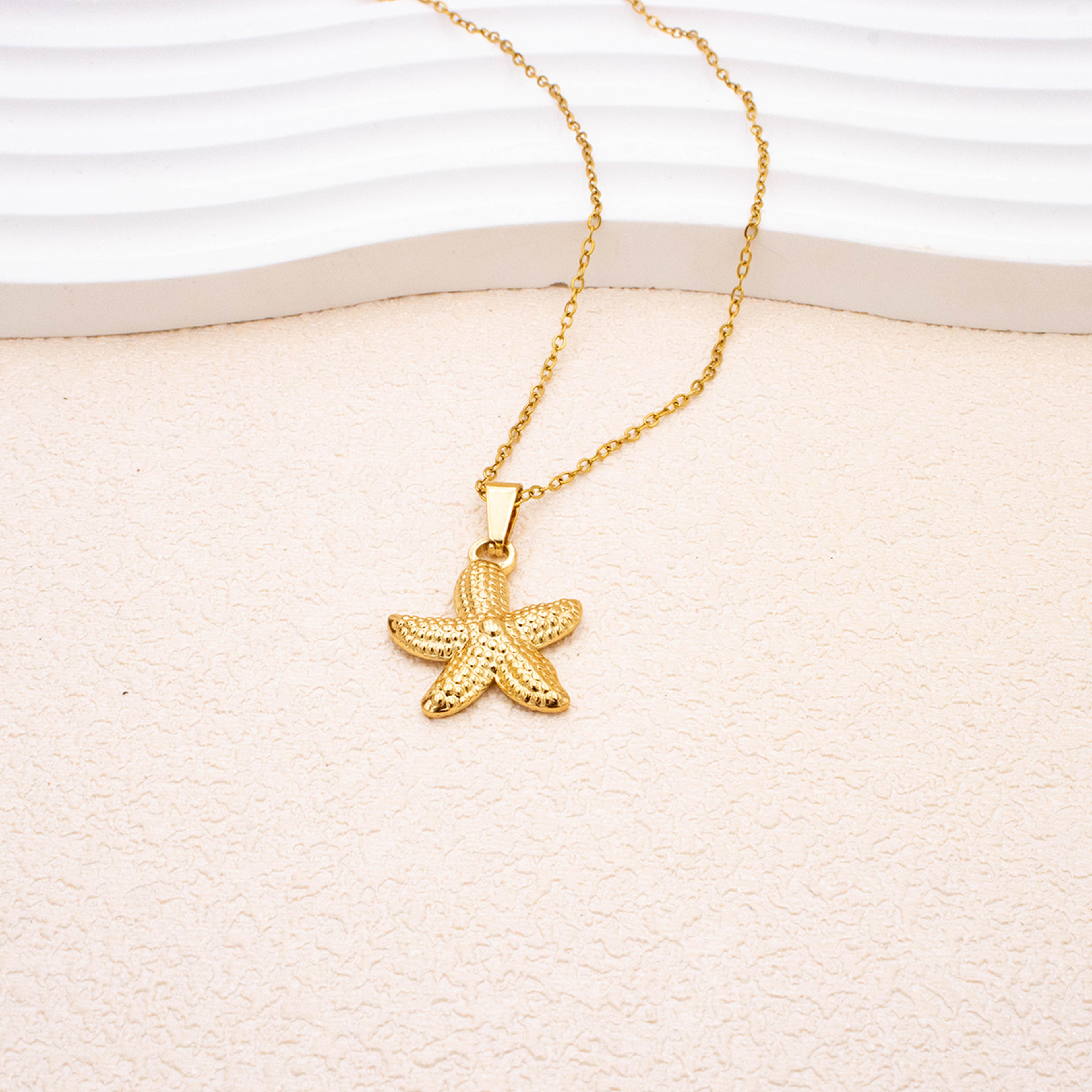 Gold Starfish Pendant Necklace For Women Stainless Steel Waterproof Beach Jewelry 2