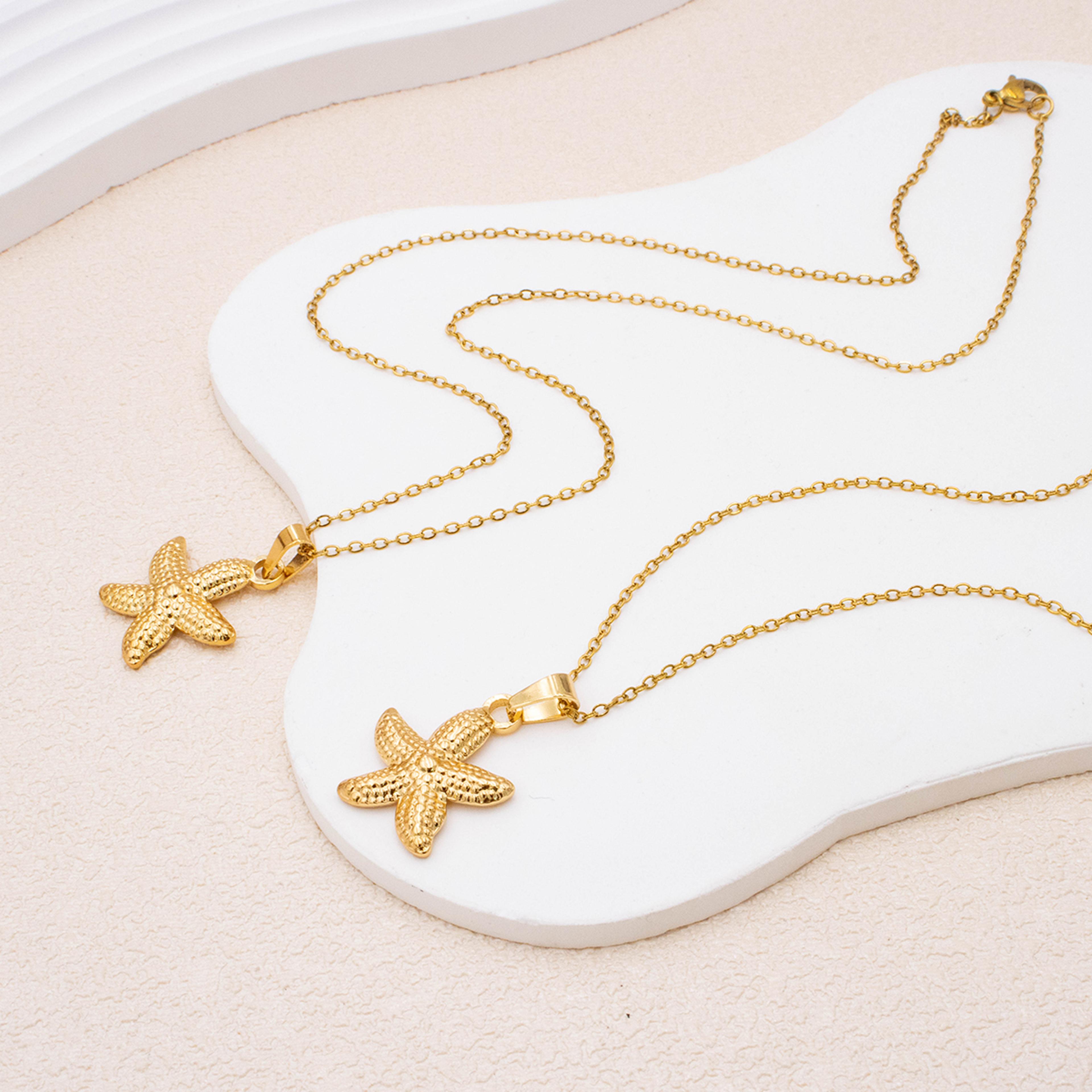 Gold Starfish Pendant Necklace For Women Stainless Steel Waterproof Beach Jewelry 3
