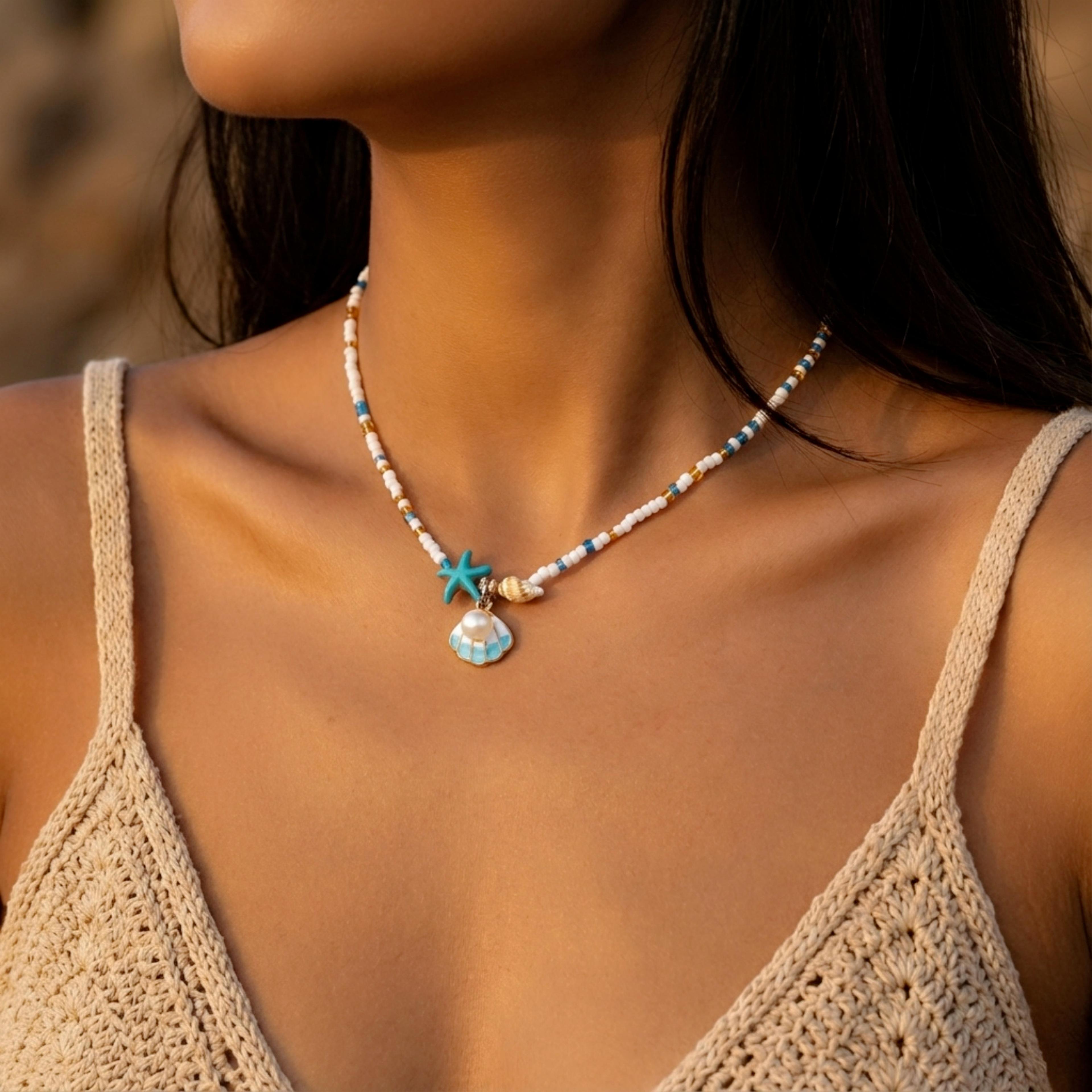 Boho Beaded Choker Necklace With Vintage Silver Shell And Starfish Pendant For Beach Vacation 1