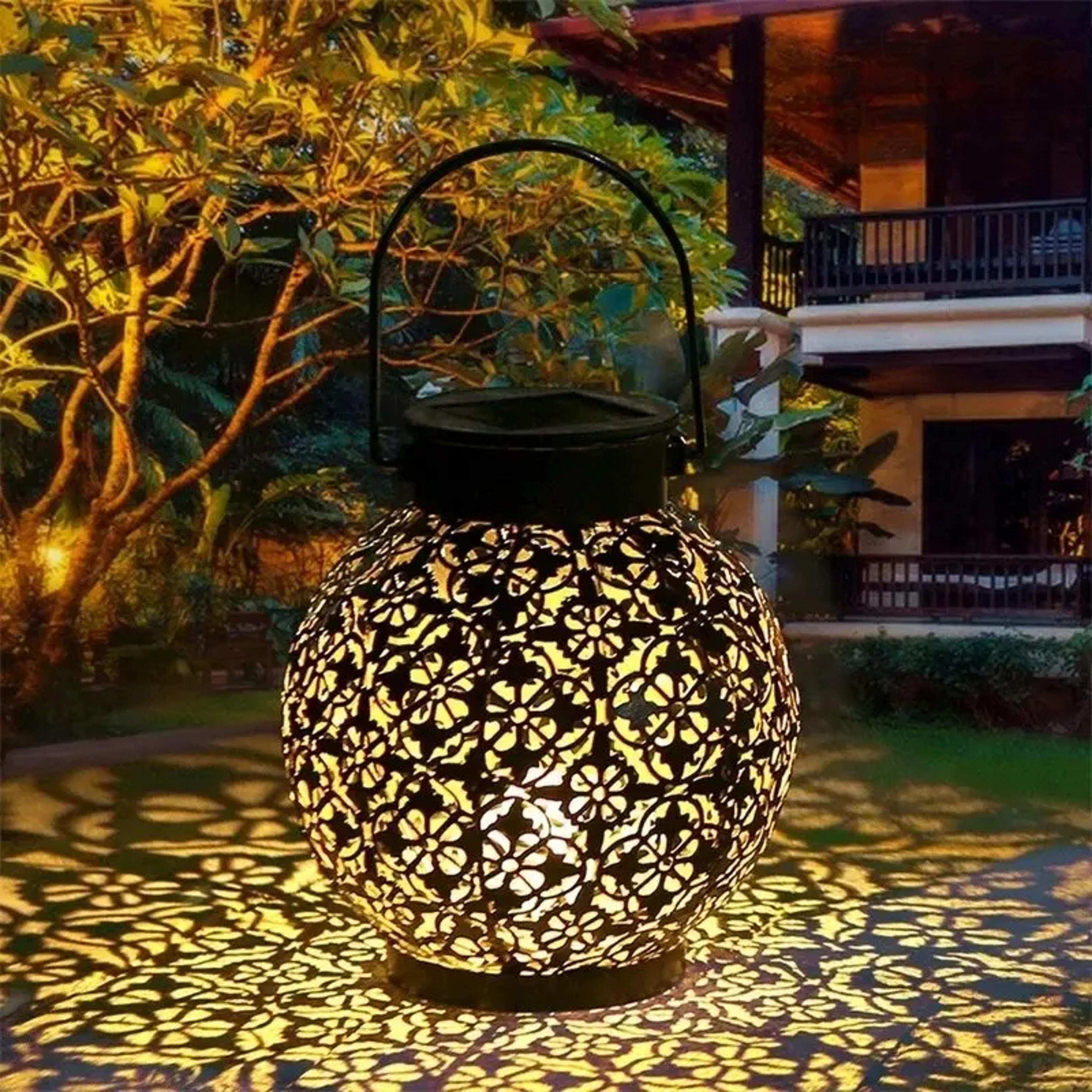 led solar lantern light – waterproof hollow wrought iron outdoor hanging lights with projection for garden decoration