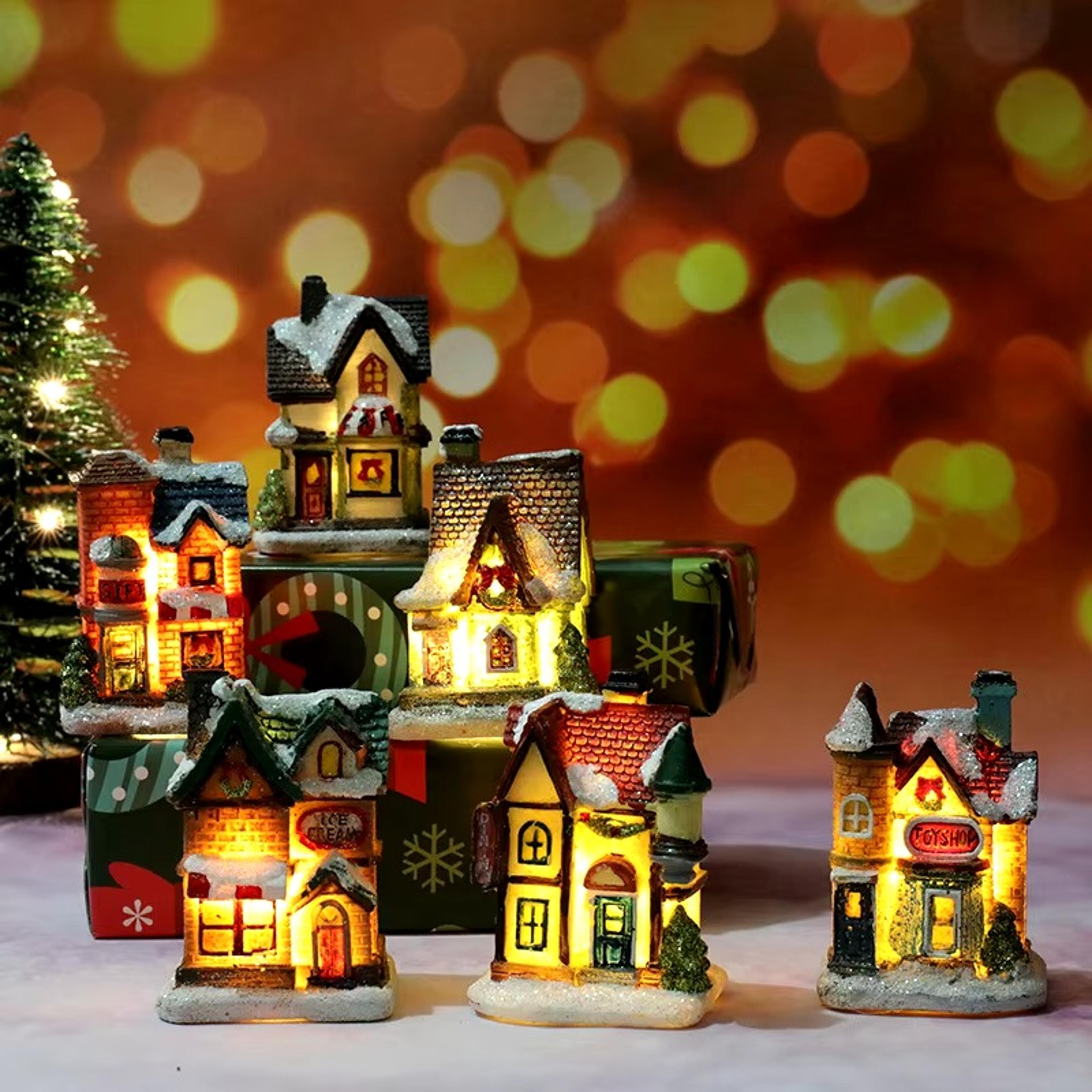snowy christmas village – mini resin christmas house figurines with warm light | christmas decor village, xmas gift