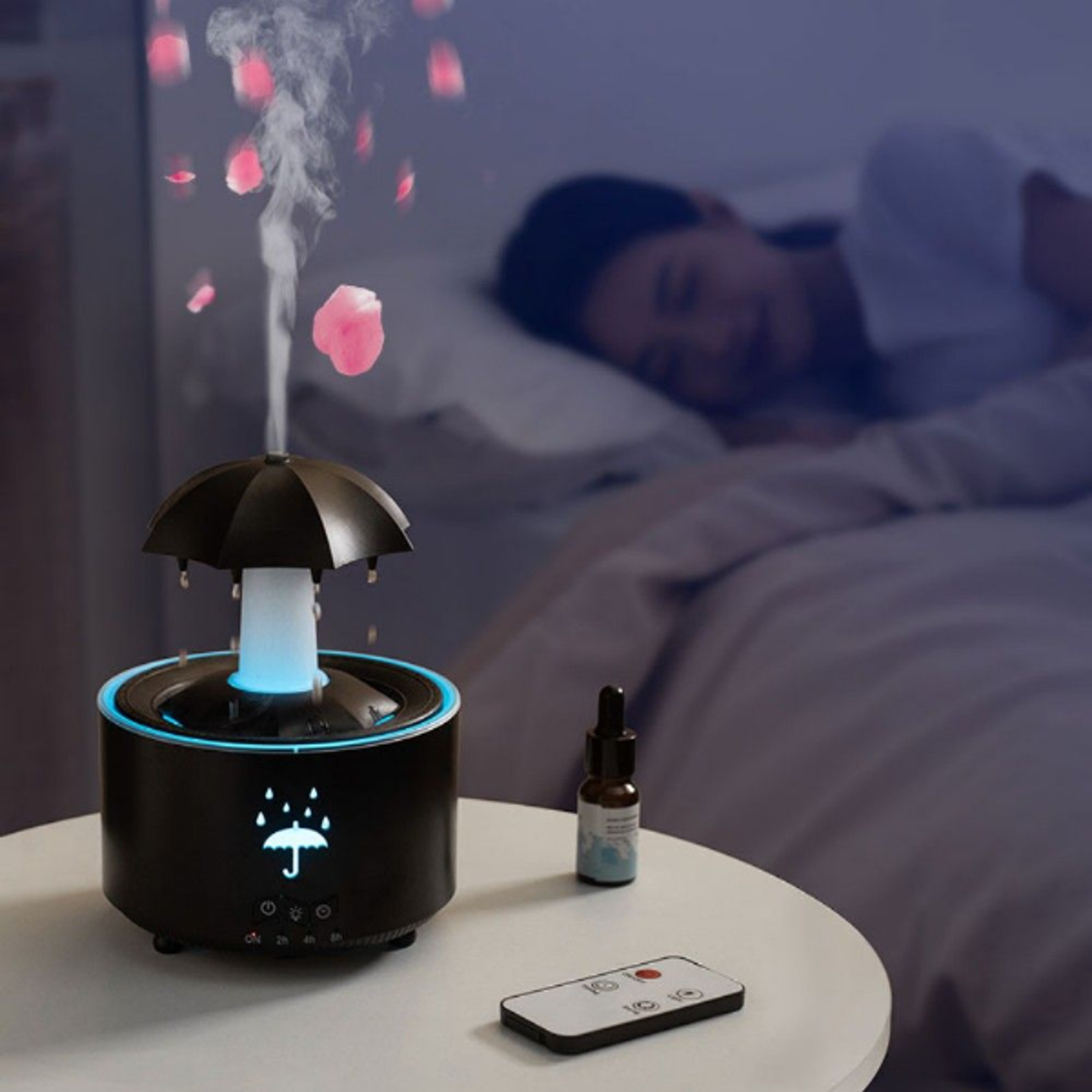 Rotating Umbrella Waterfall Humidifier LED Aromatherapy Diffuser with Raindrop