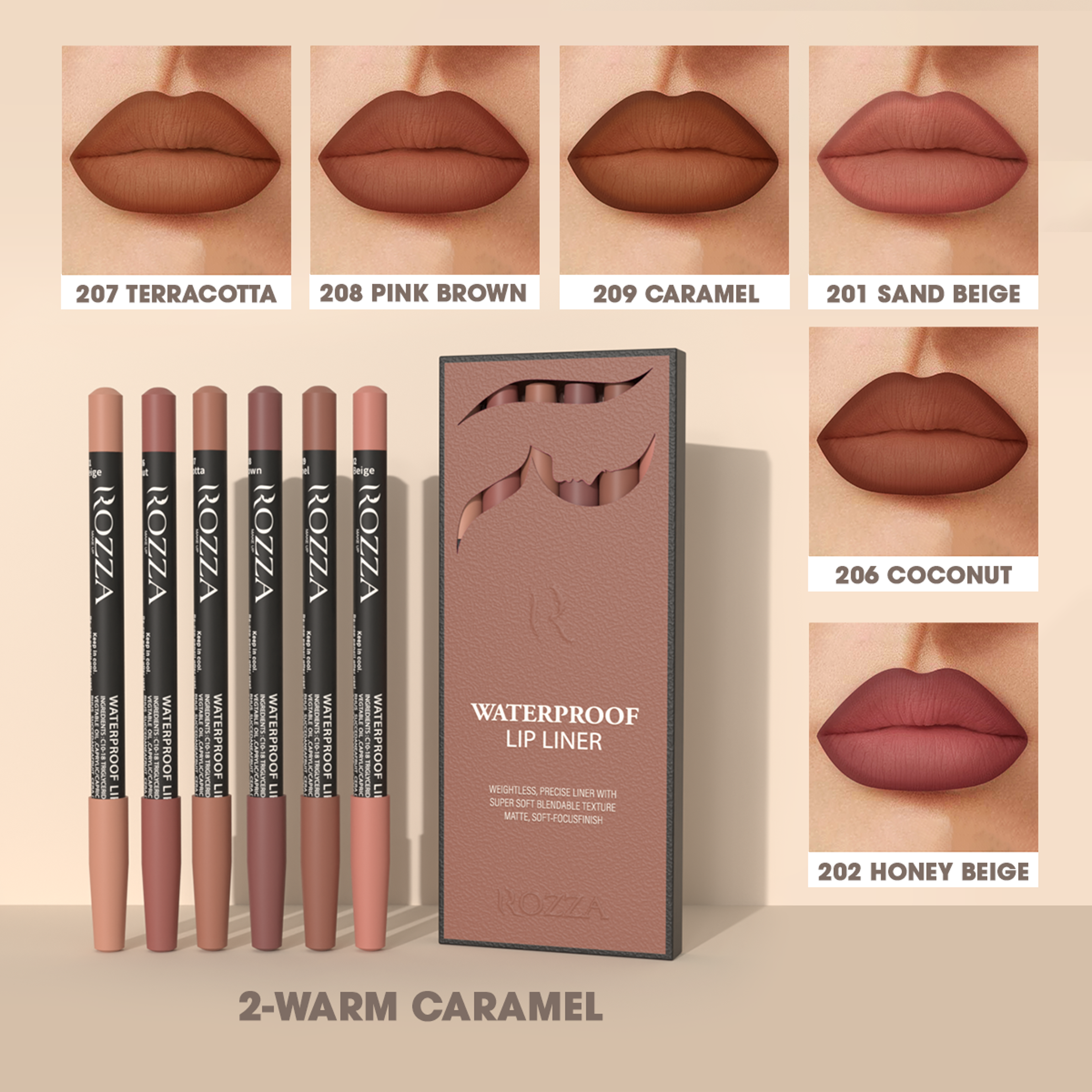 waterproof lip liner pencil set, super soft blendable texture, weightless precise liner, matte soft finish