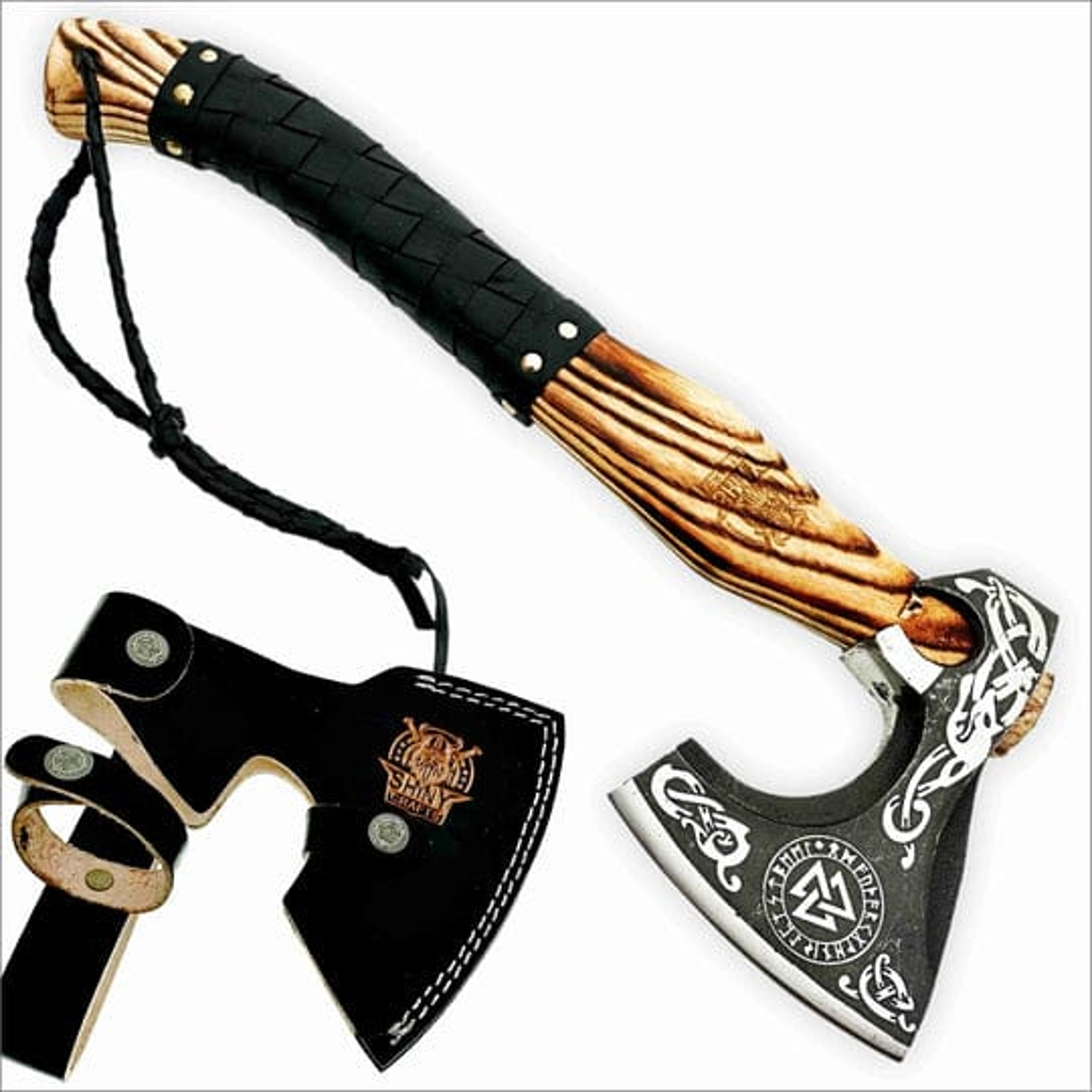custom handmade valknut viking axe,valentine's day gift, birthday gift for him, leather wrapped handle and leather sheat