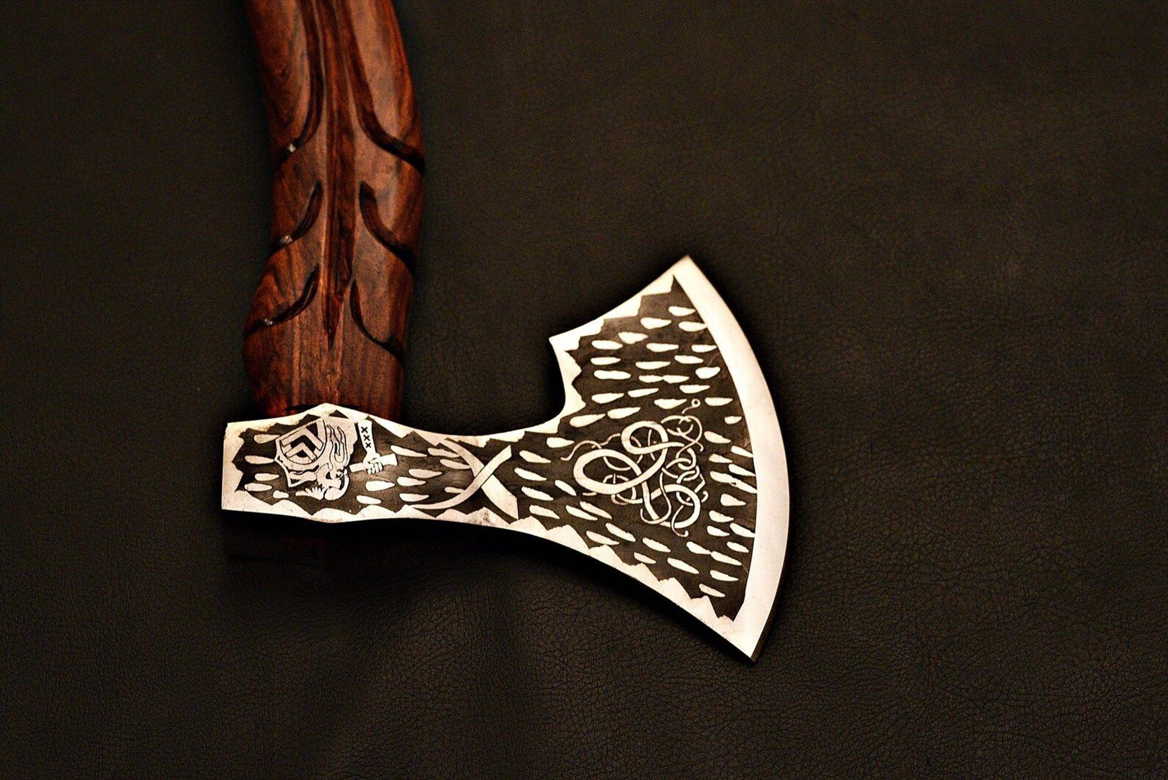 Handmade Viking Axe  Etched Carbon Steel Blade With Rosewood Handle  Display Piece  Christmas Gift 3