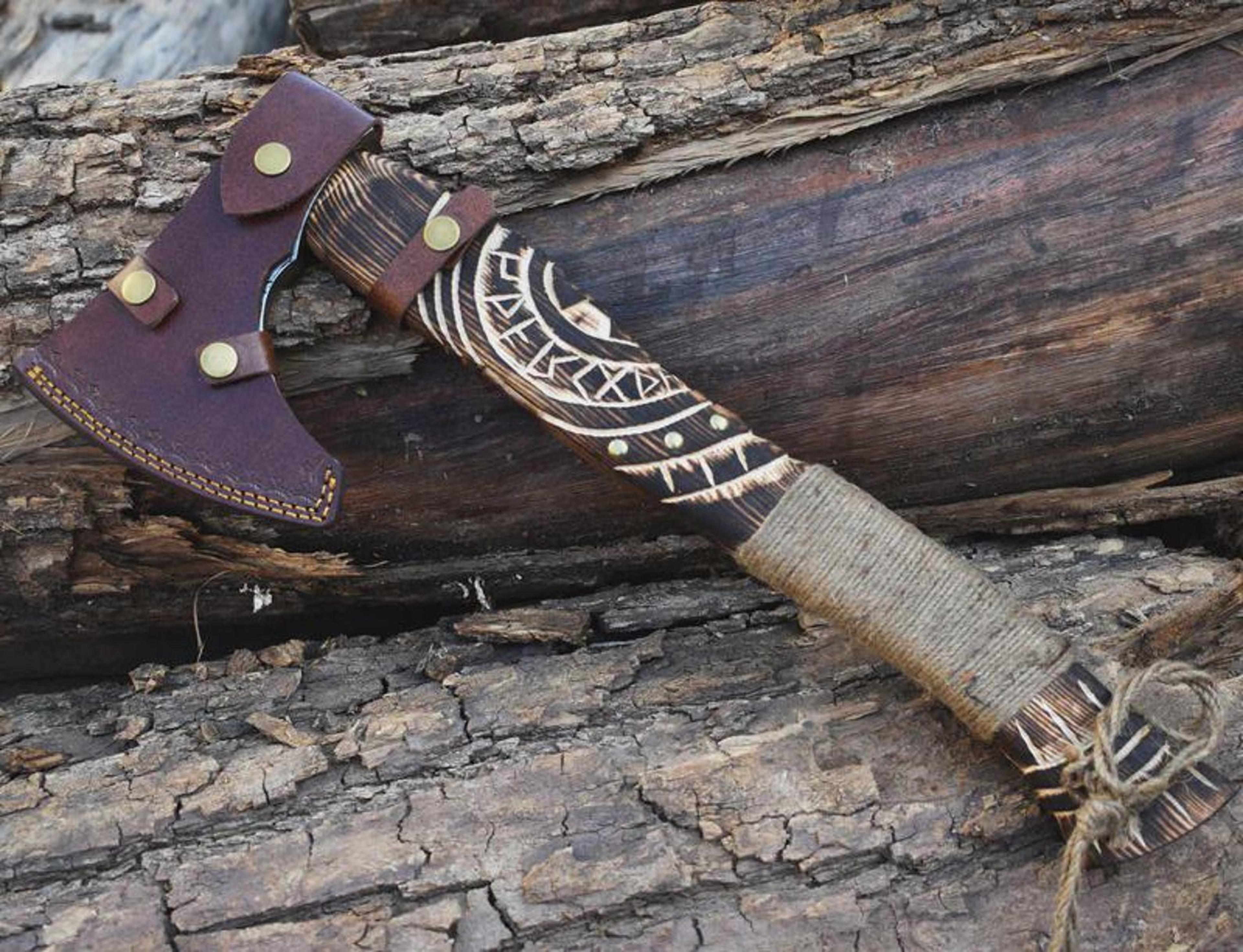 Premium Viking Axe 18 Inch High Carbon Steel Norse Engraved Axe With Wooden Handle 7