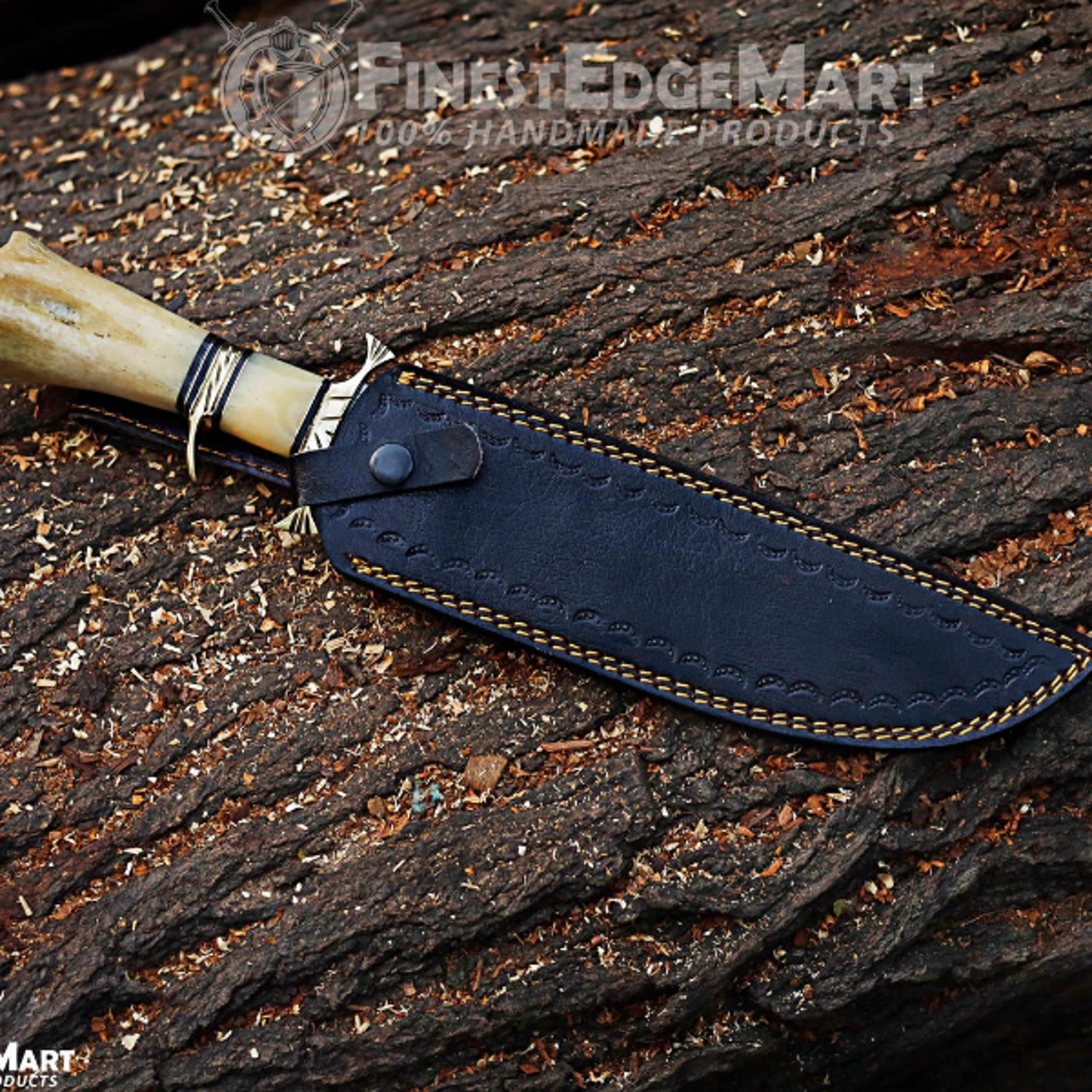 Handcrafted Damascus Steel Bowie Knife With Camel Bone Handle And Leather Sheath  Perfect Gift For