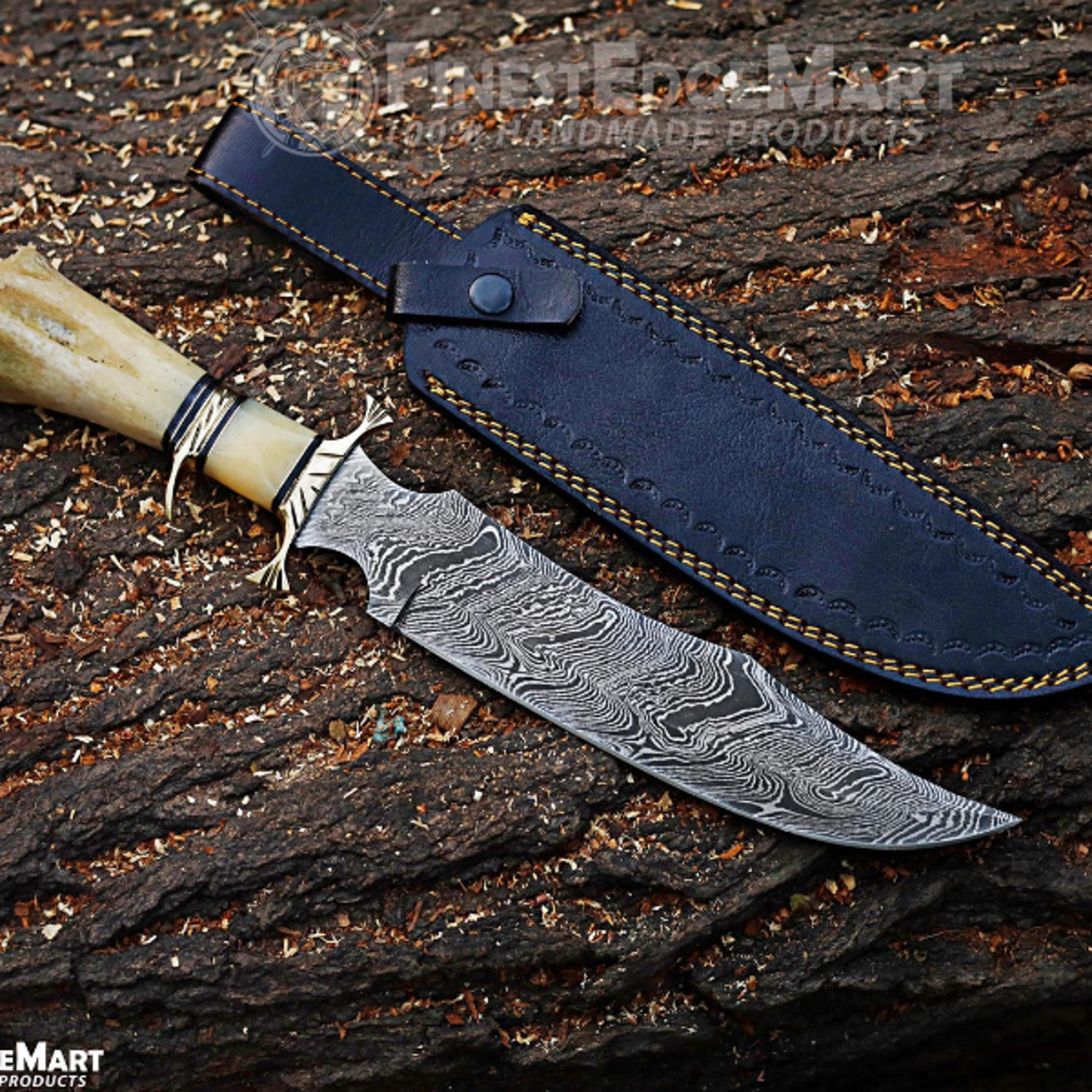 handmade damascus steel bowie knife camel bone handle 16 inch hunting knife with leather sheath