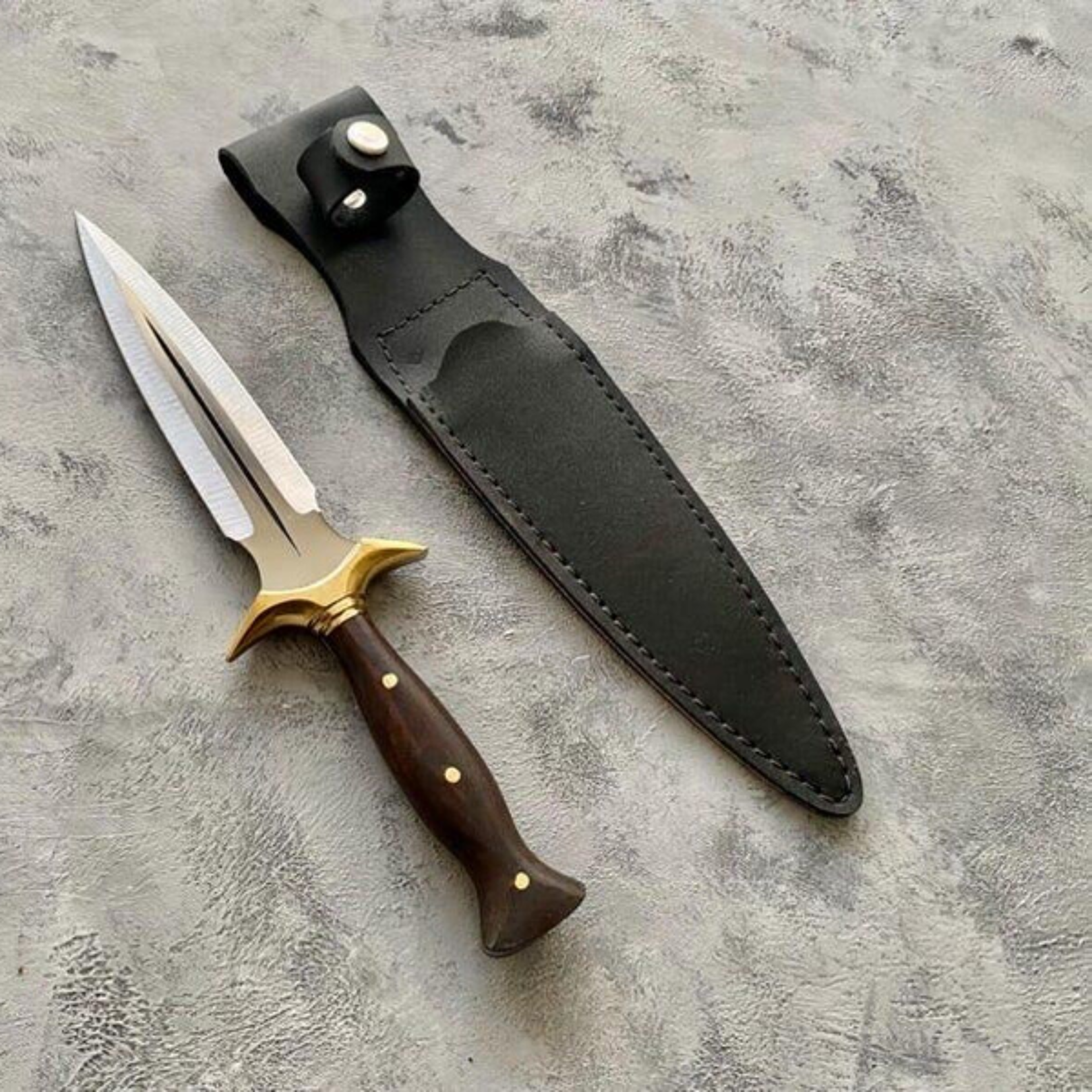 handcrafted double-edged dagger with brass guard, wooden handle, and leather sheath - unique gift for knife collectors