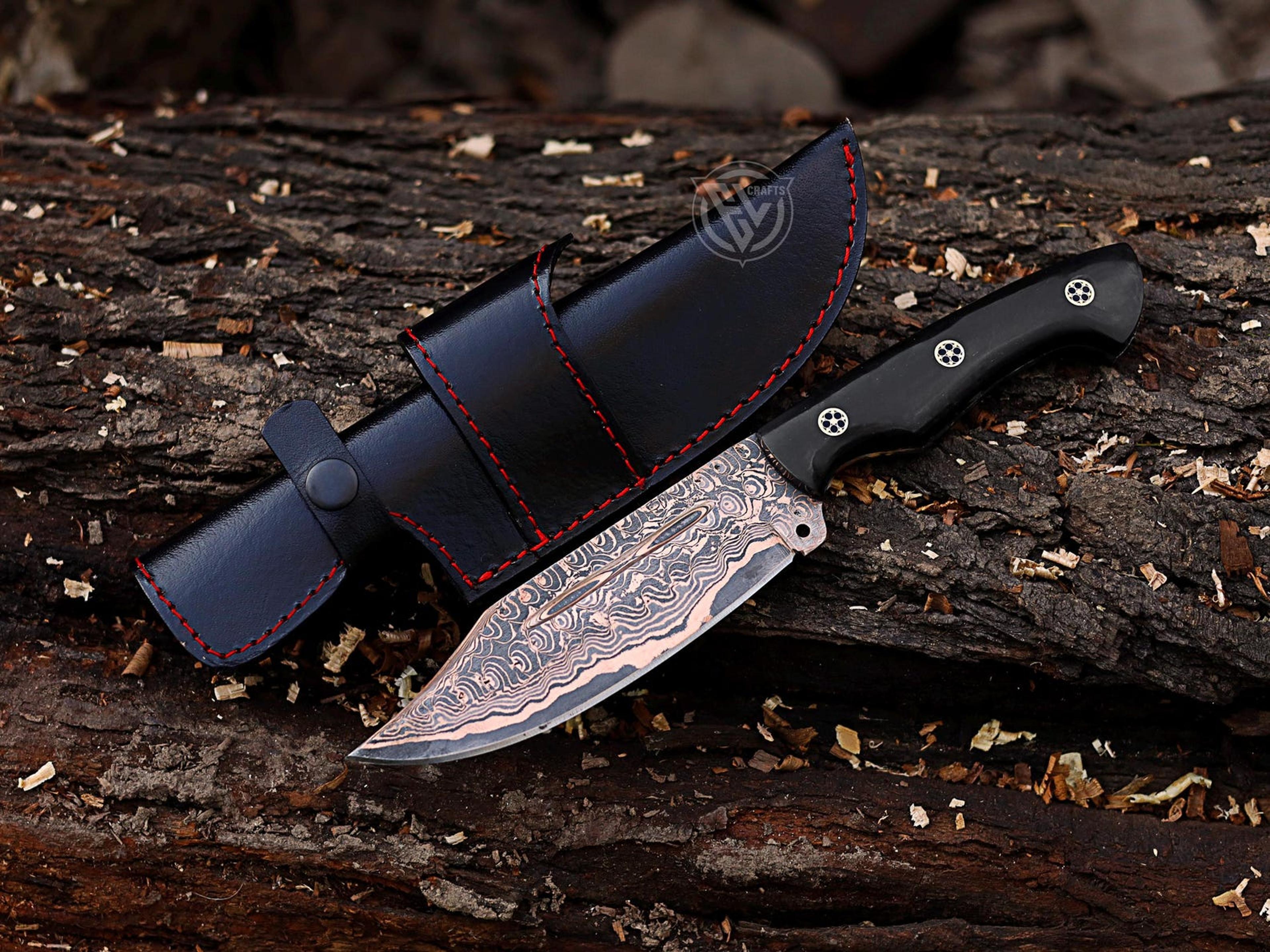 Anniversary Gift Copper Damascus Skinner Knife With Black Horn And Rose Wood Handle For Him 4