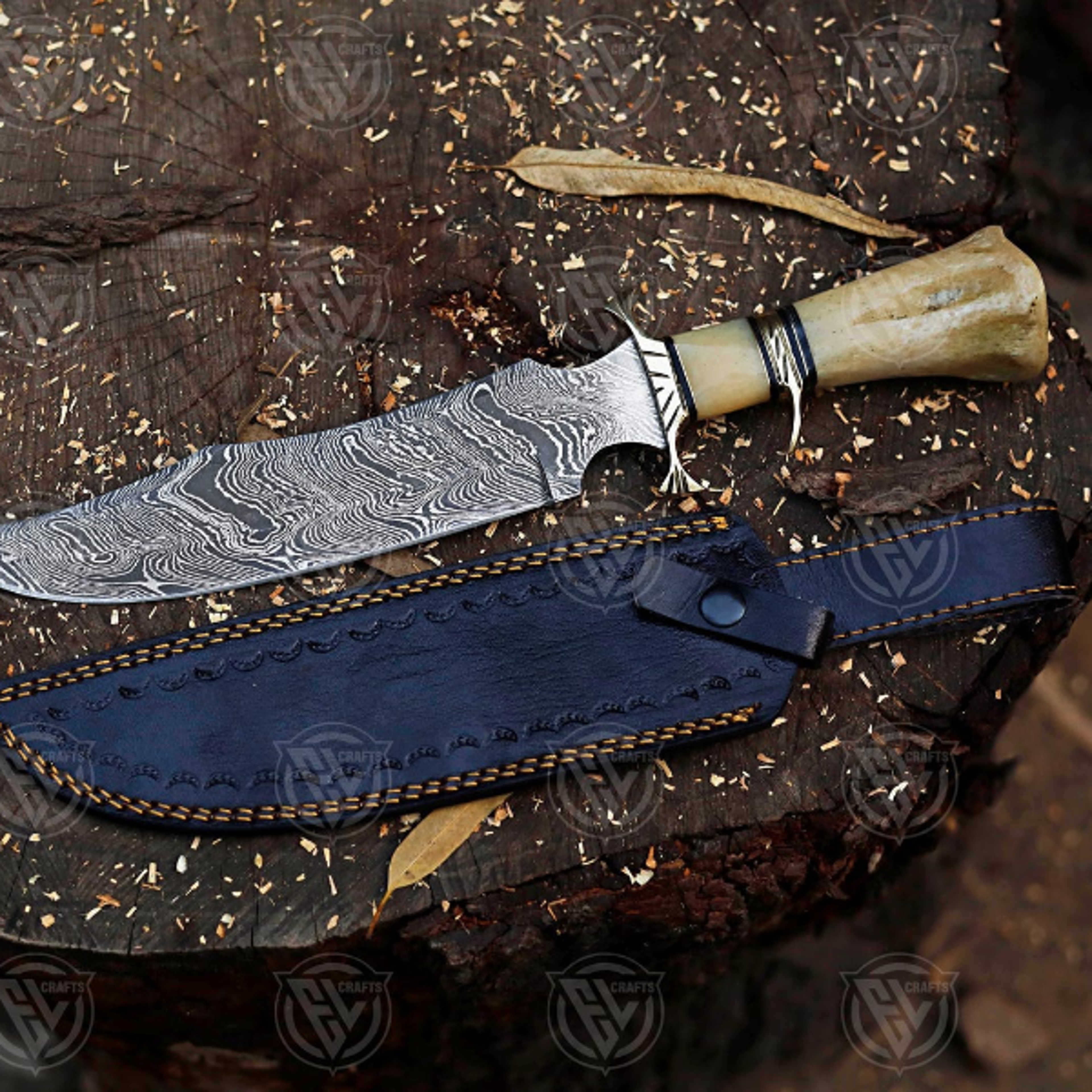 exquisite handcrafted damascus steel bowie knife with unique camel bone handle and leather sheath