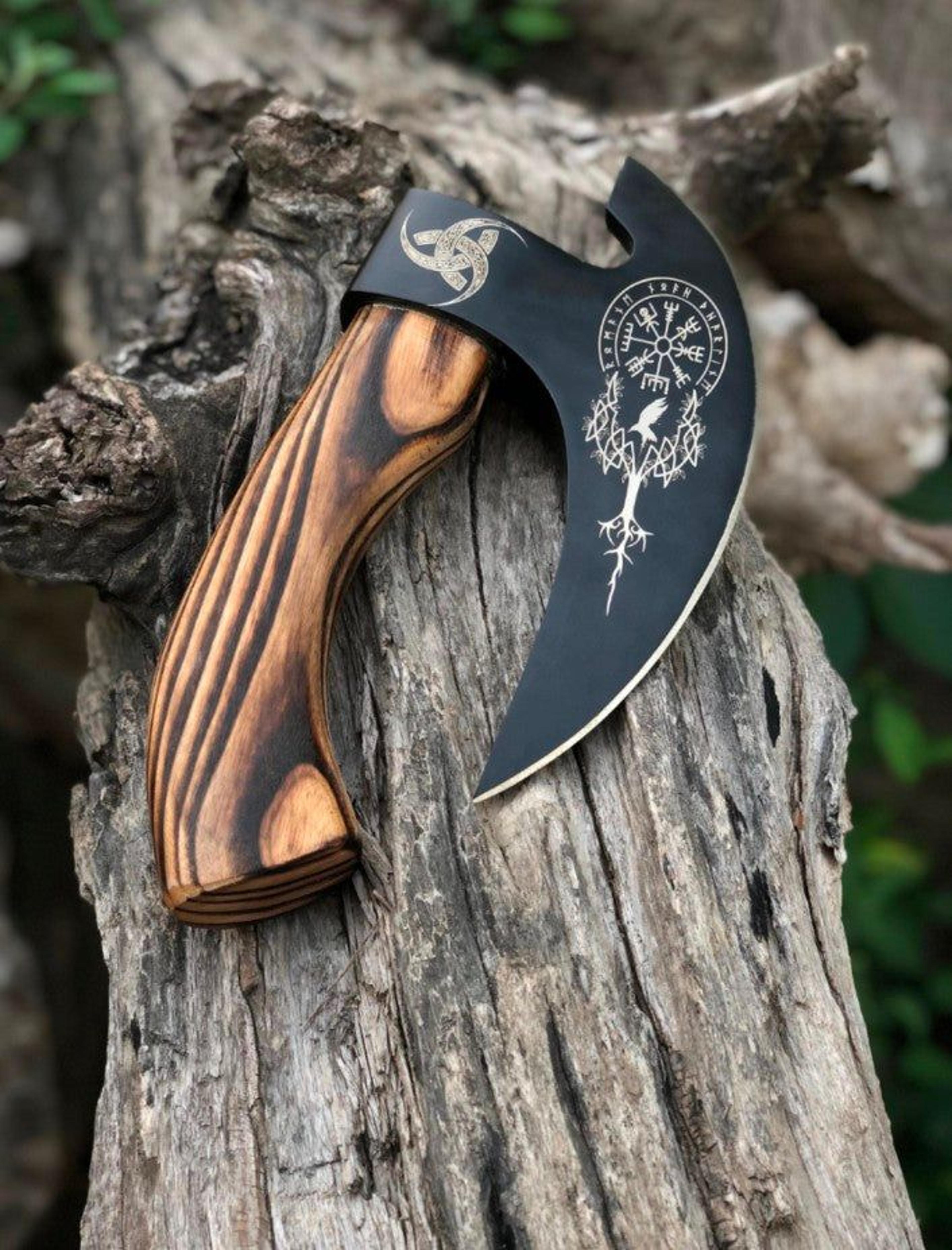 Hand Forged Viking Bearded Axe With Engraved Carbon Steel Blade  Wooden Handle For Camping Bushcraf 3