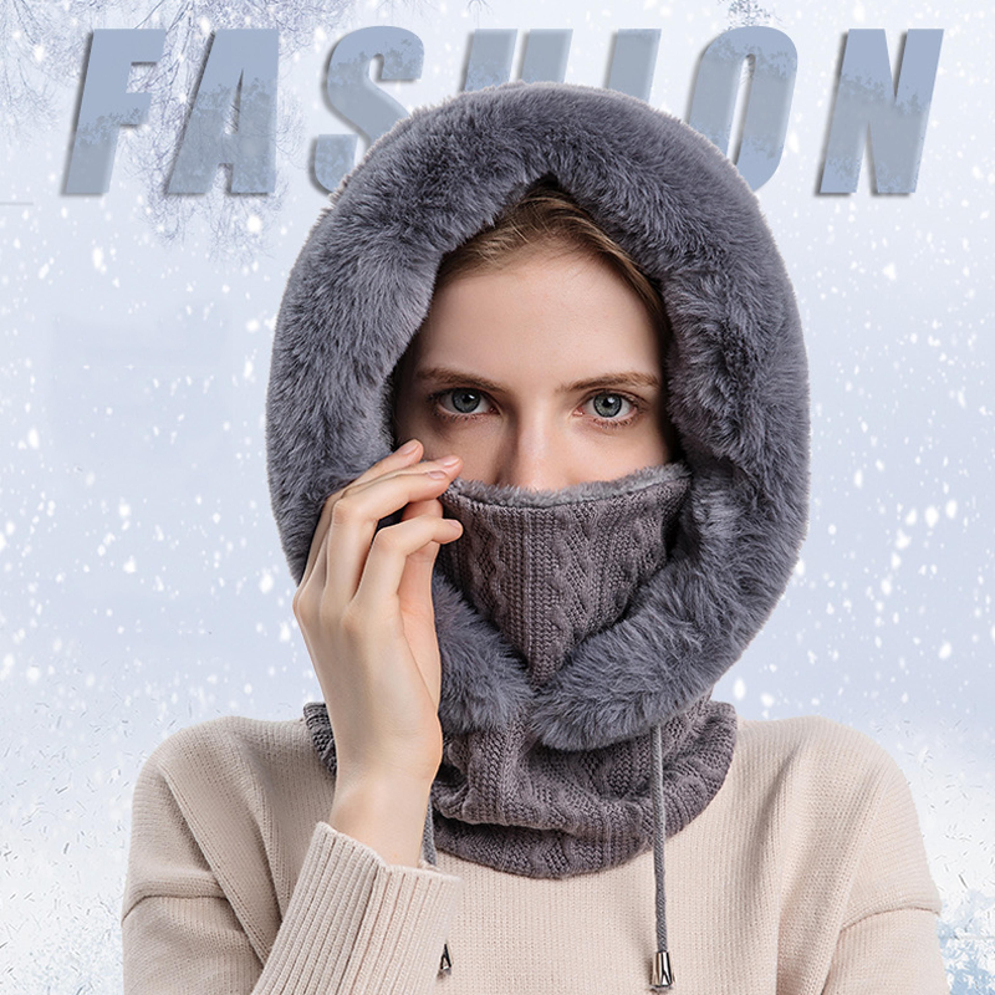 breathable winter solid color beanie, 1pc women's knitting hat, balaclava warm neck scarf with face mask.