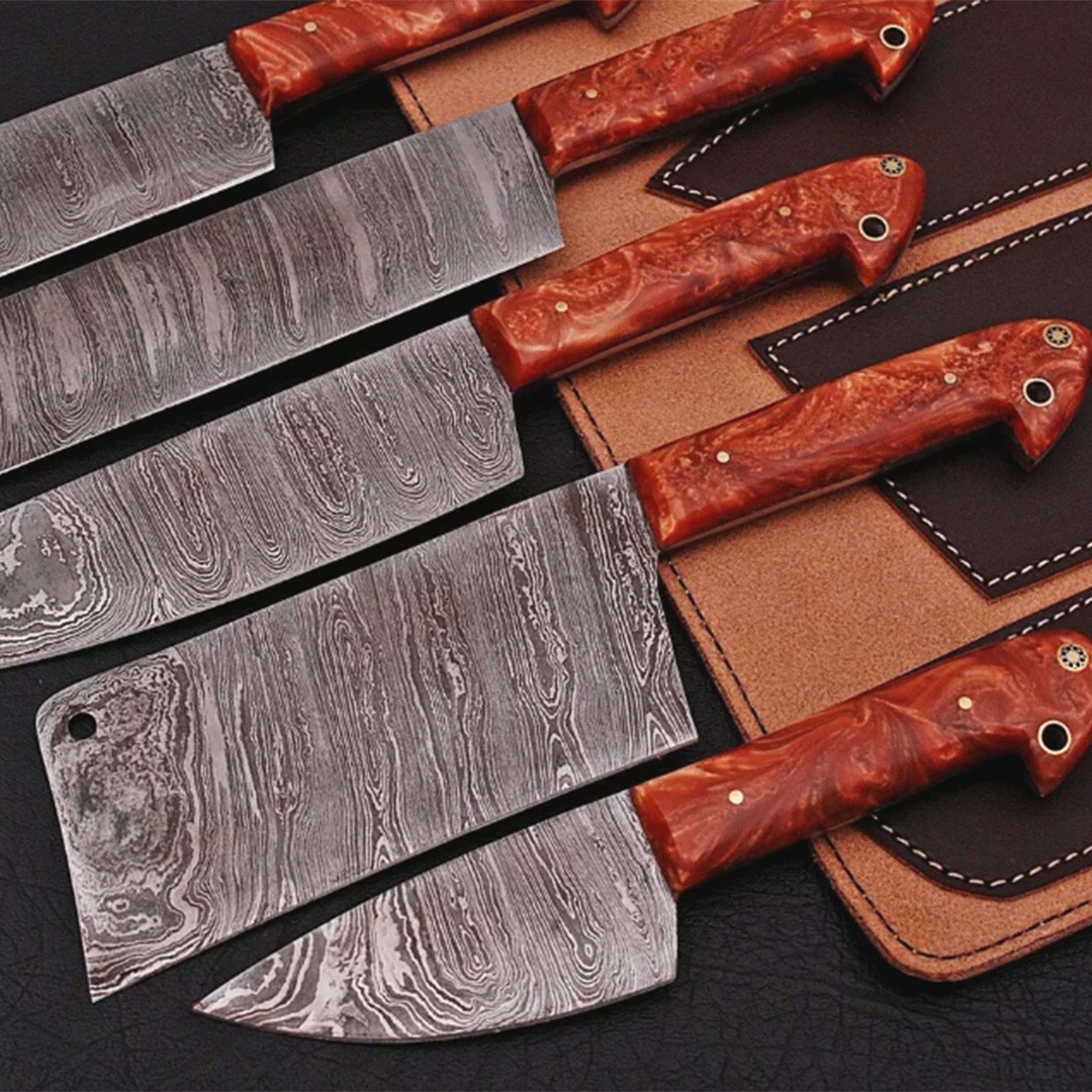 custom damascus steel knives set with epoxy resin handle – premium kitchen knife collection