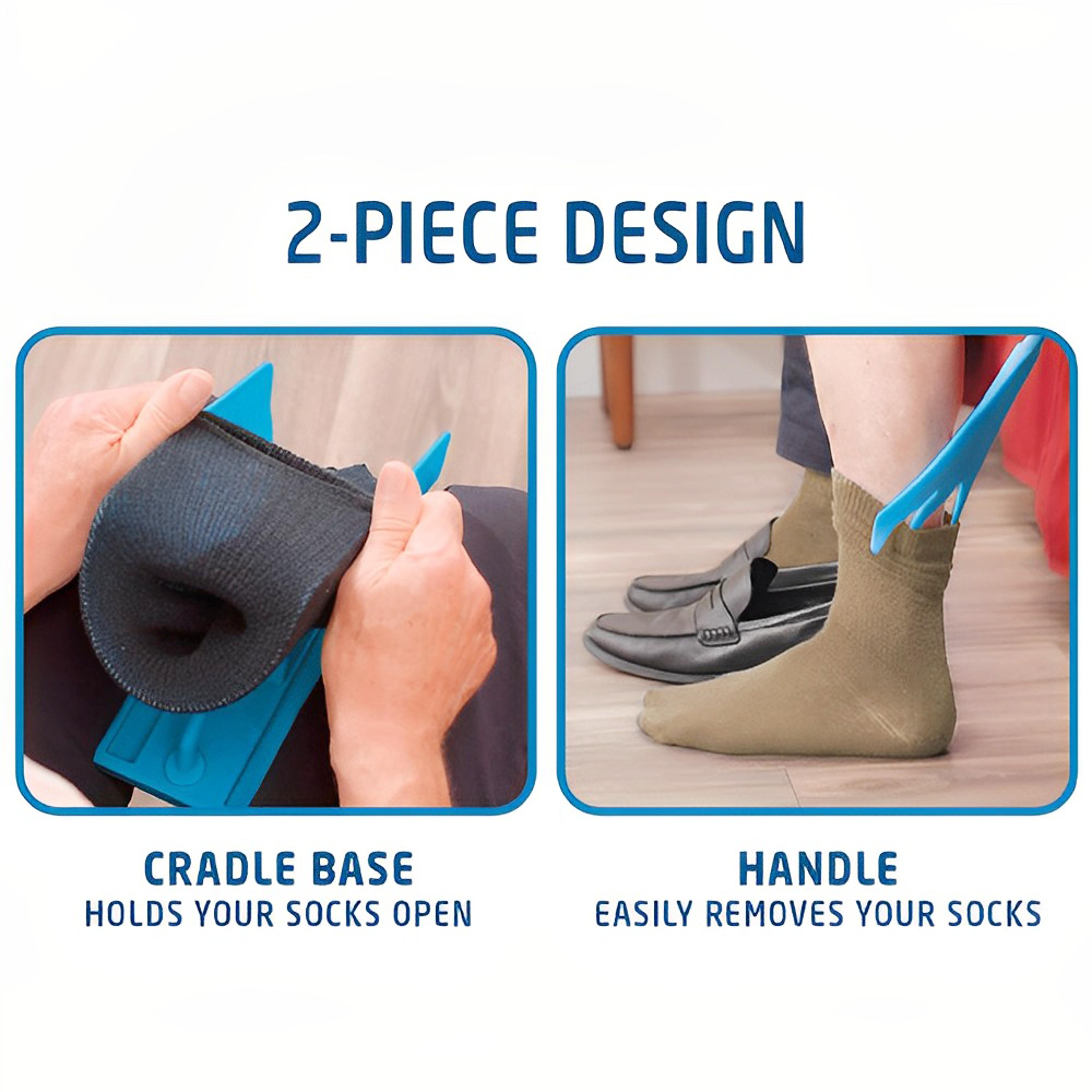 Senior using sock put on helper device